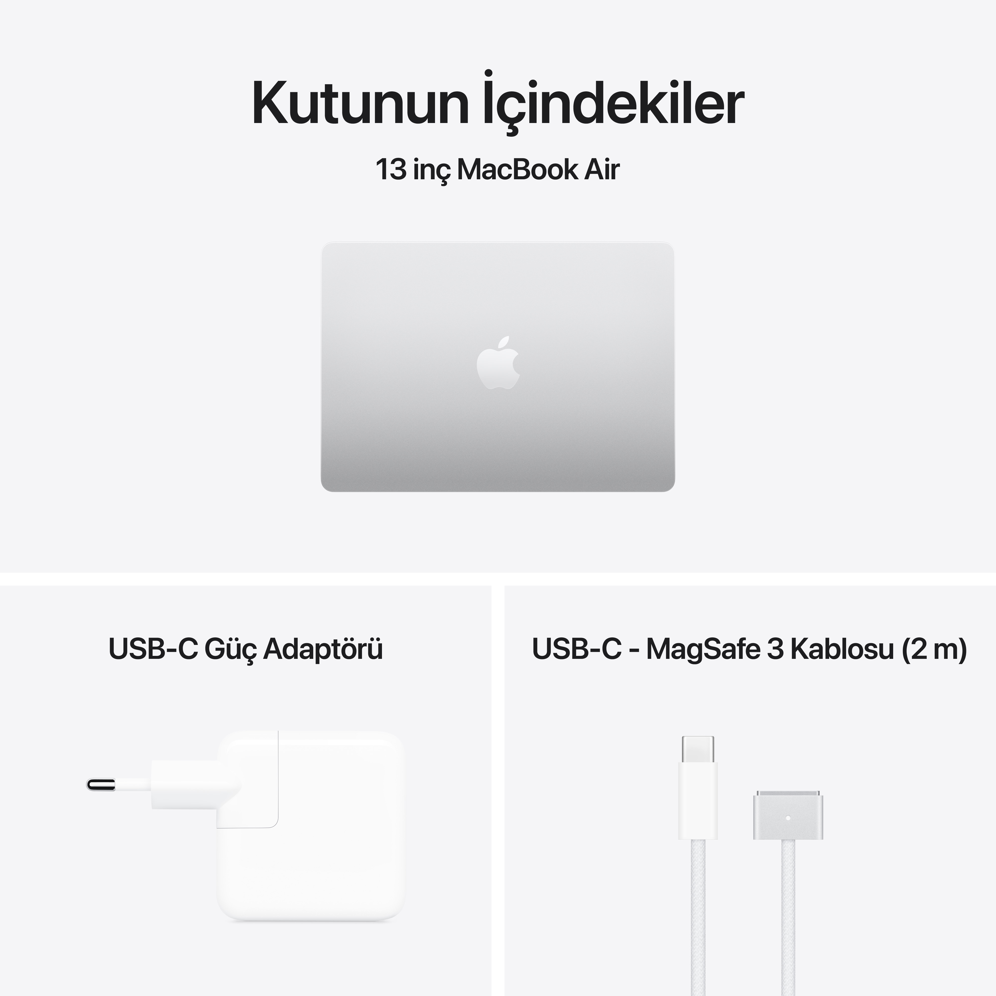 Kutu içeriği: 13 inç MacBook Air, USB-C Güç Adaptörü, MagSafe 3 Kablosu.