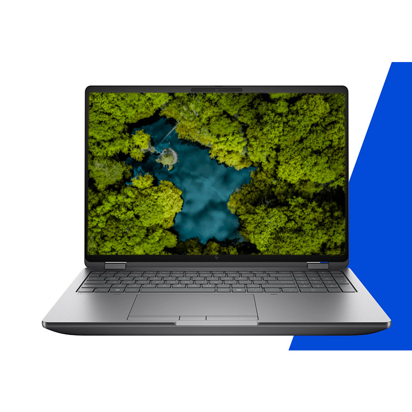 Ein geöffneter Laptop mit einem Bild von grünen Bäumen und Wasser auf dem Bildschirm.