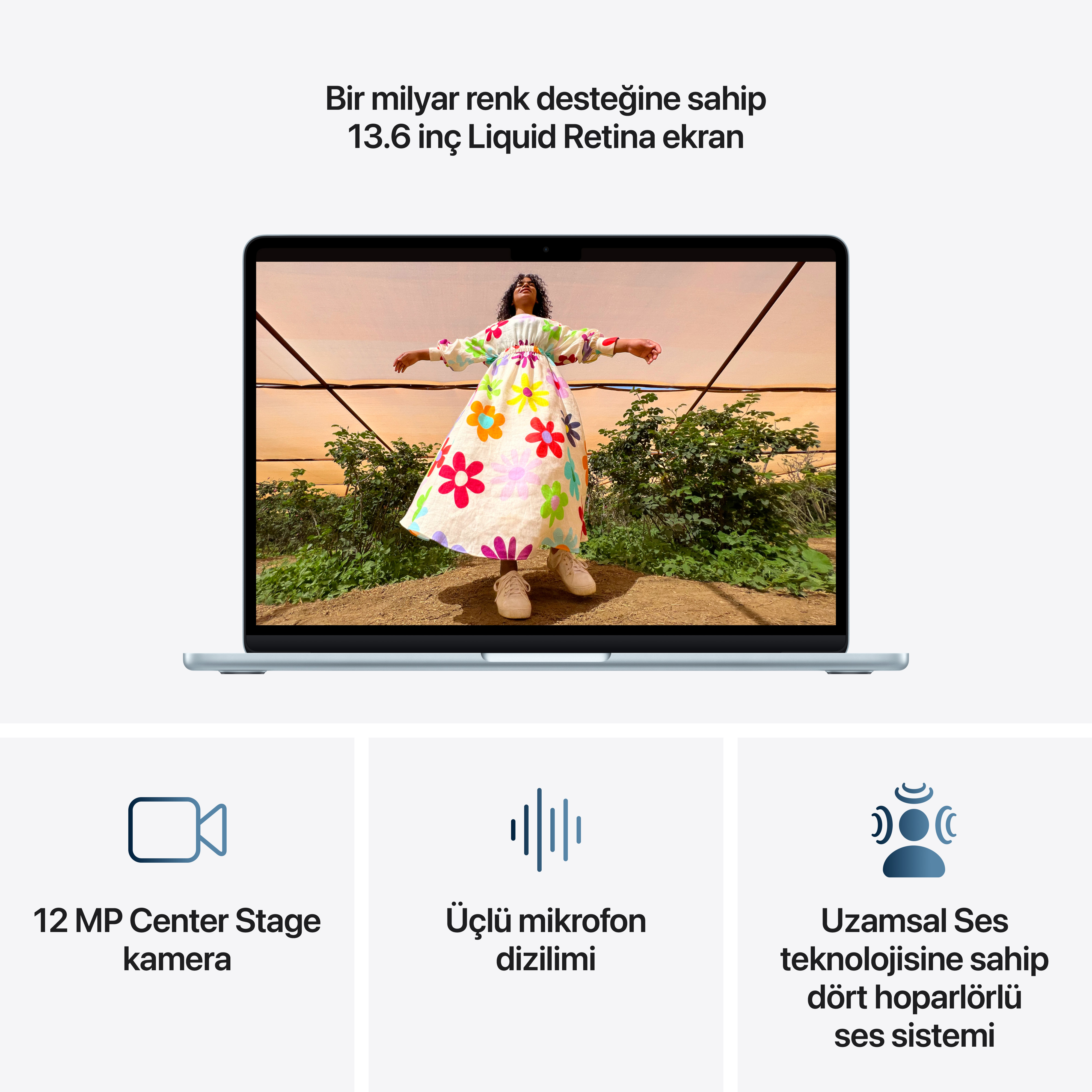 13,6 inç Liquid Retina ekranlı dizüstü bilgisayar, 12 MP kamera, üçlü mikrofon dizilimi.