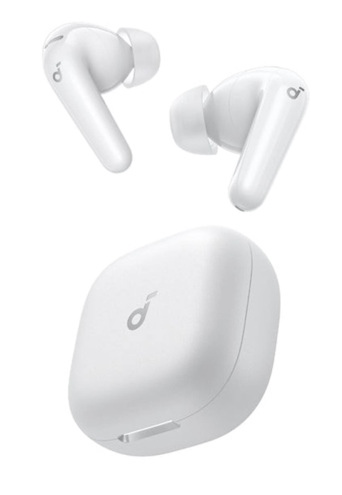 Trzy białe słuchawki bezprzewodowe i etui ładujące z logo.