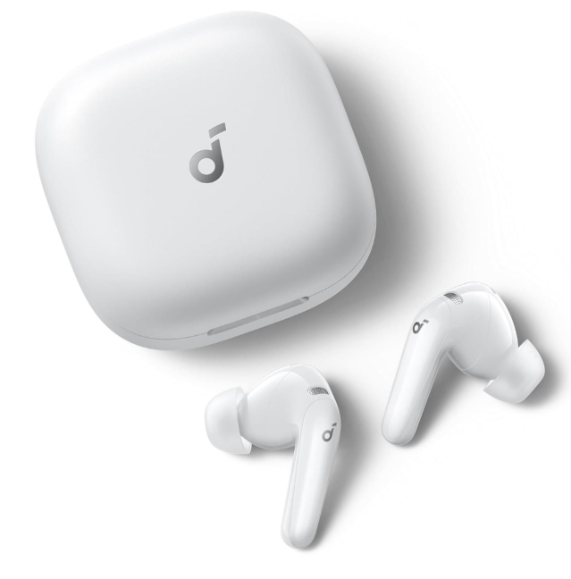 Białe etui ładujące i dwa białe słuchawki z logo.