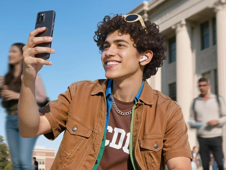 Młody mężczyzna robi sobie selfie smartfonem, nosi słuchawki i okulary przeciwsłoneczne.