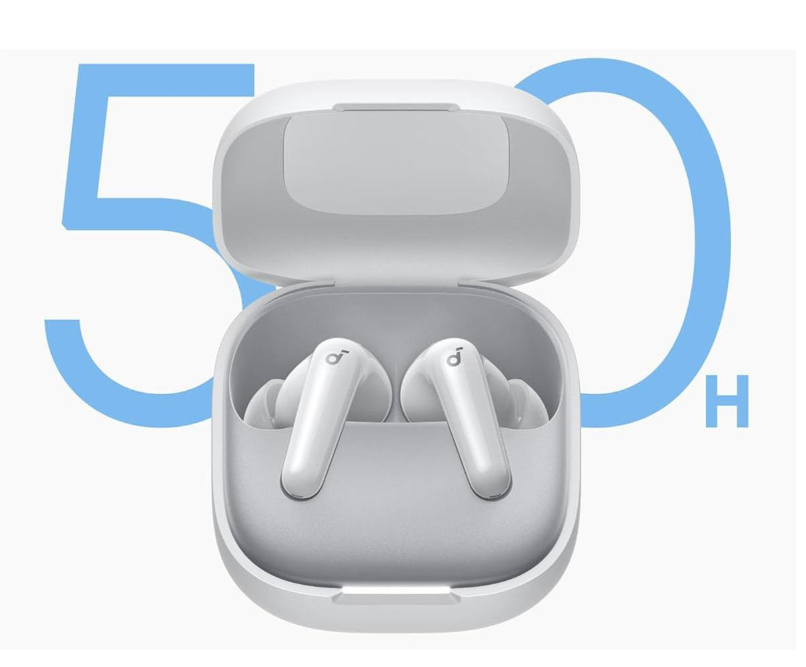 Białe słuchawki bezprzewodowe w szarej ładowarce z niebieskimi cyframi 50.