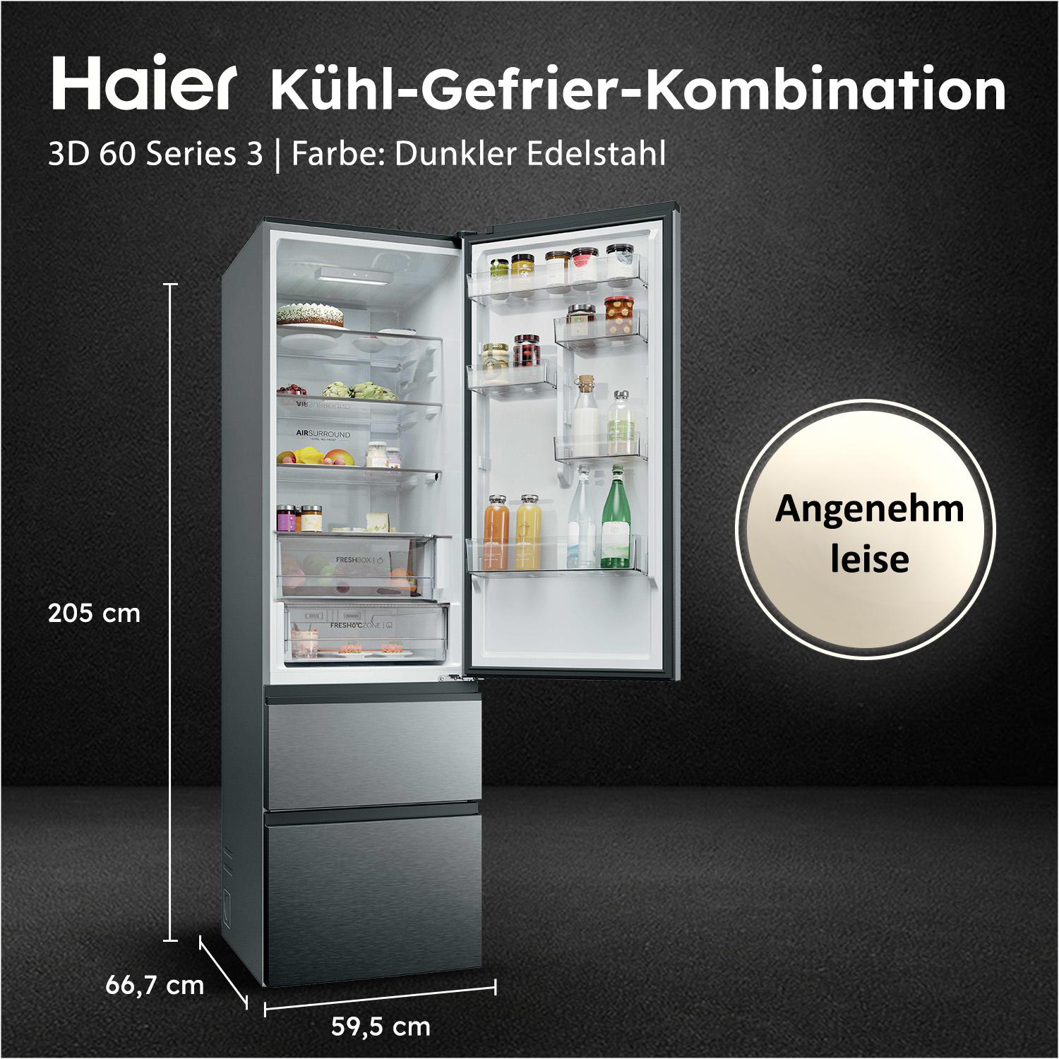 Offener Haier Kühlschrank mit Lebensmitteln und Maßen 205x66,7x59,5 cm.