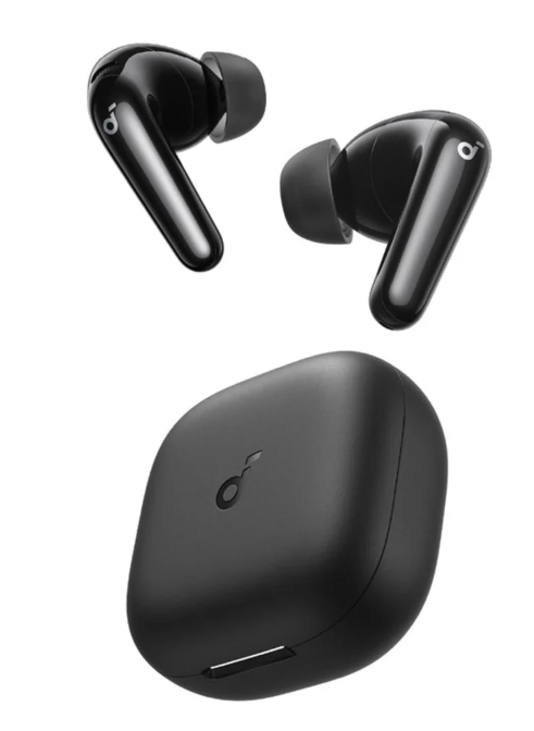 Dwa czarne słuchawki i etui ładujące.