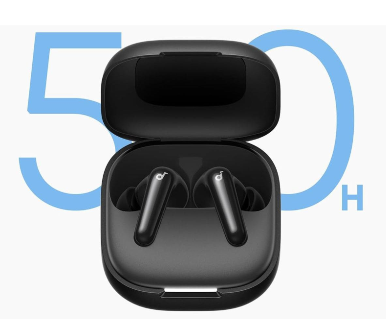 Czarne słuchawki bezprzewodowe w otwartym etui ładującym na tle 50H.