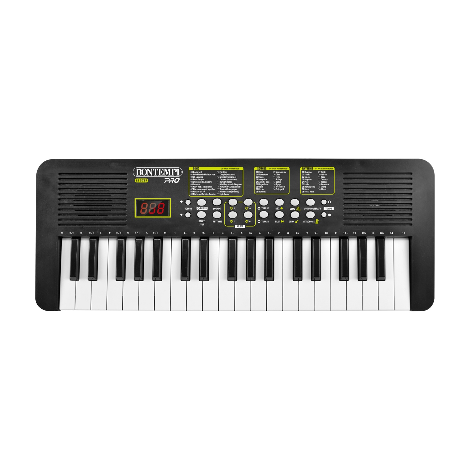 Tastiera Bontempi Pro nera con 37 tasti e display a LED rosso.