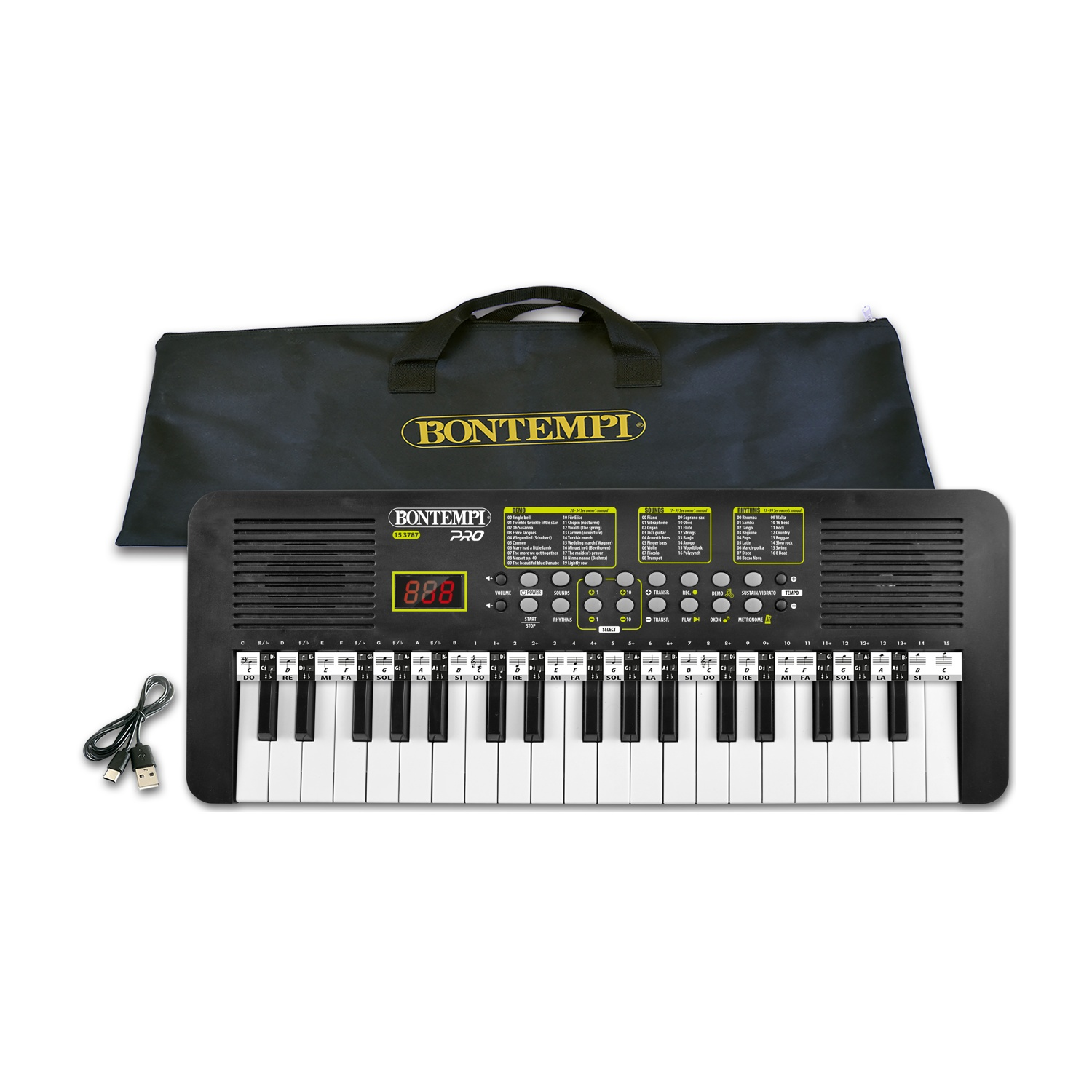 Tastiera Bontempi nera con borsa e cavo USB. I tasti sono etichettati.