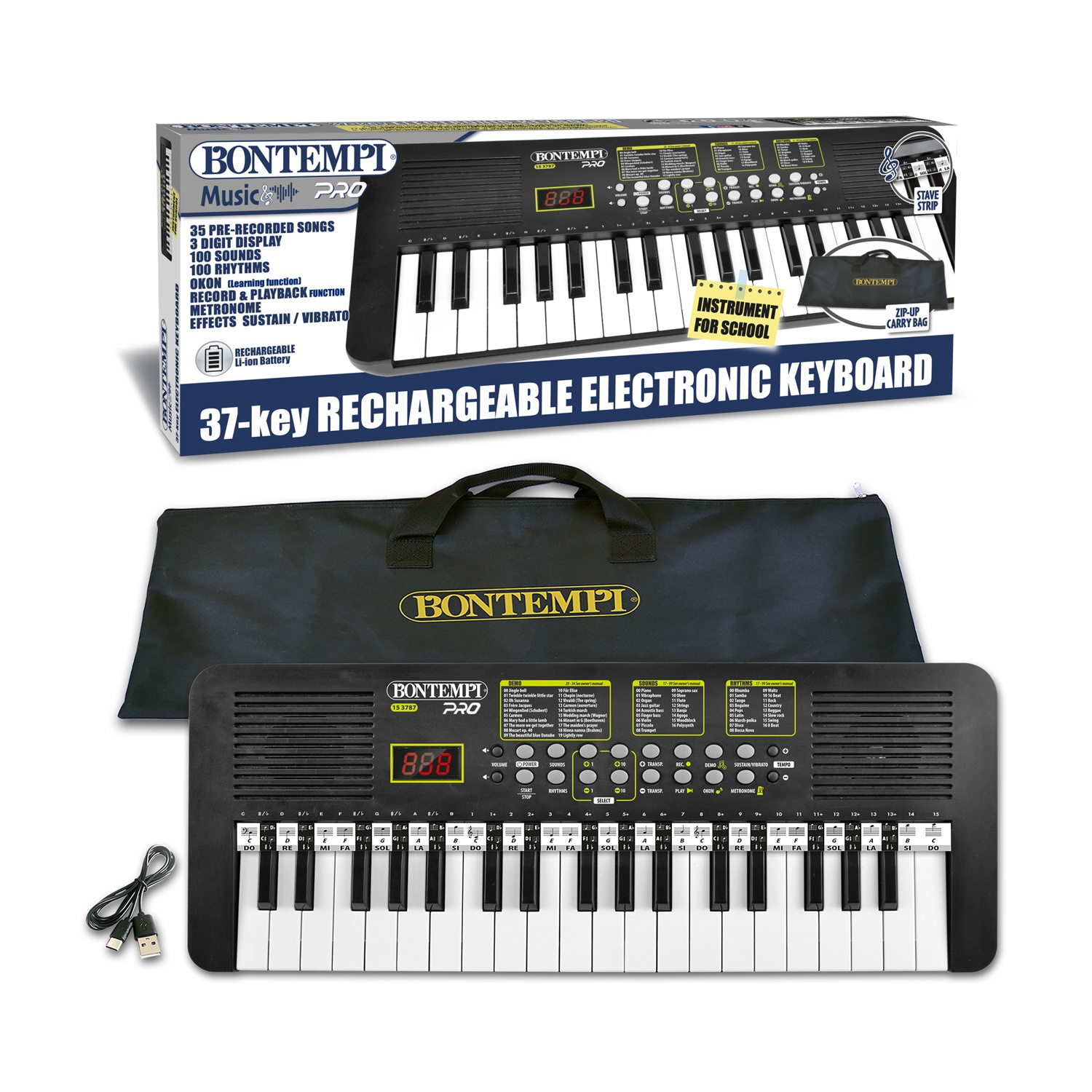 Tastiera elettronica Bontempi nera a 37 tasti con accessori e borsa.