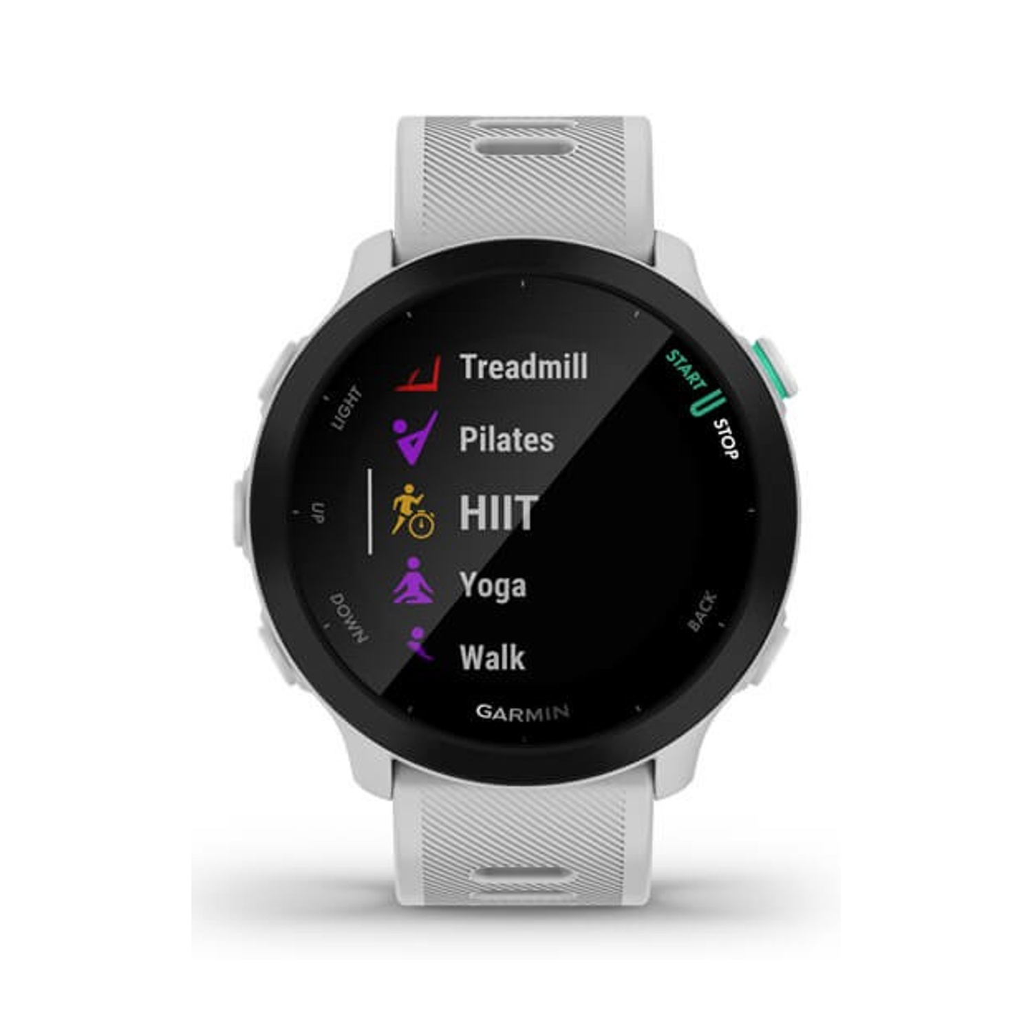 Smartwatch bianco con schermo nero che mostra attività come tapis roulant, pilates, HIIT, yoga.