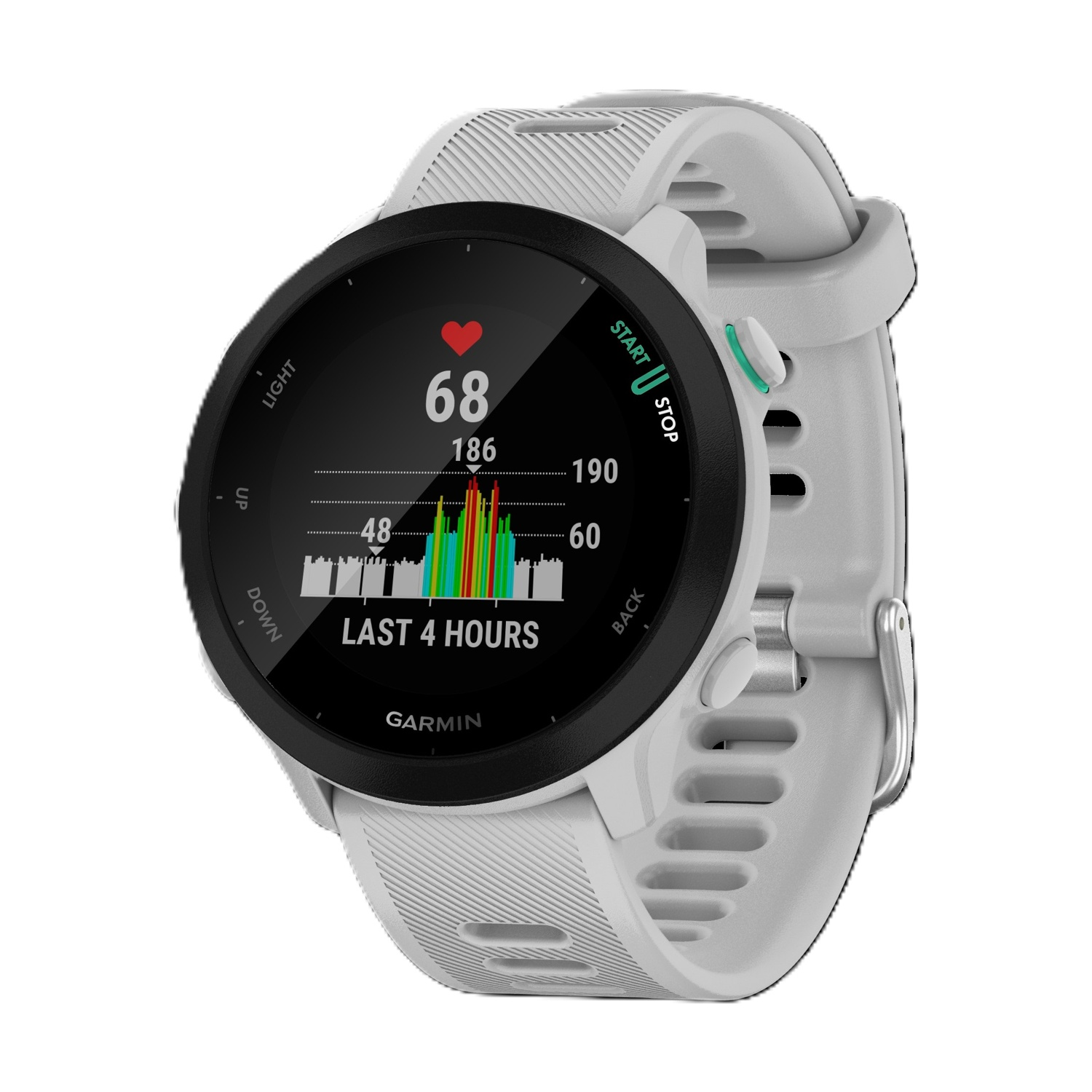 Smartwatch grigio che mostra grafico battito cardiaco e dati.