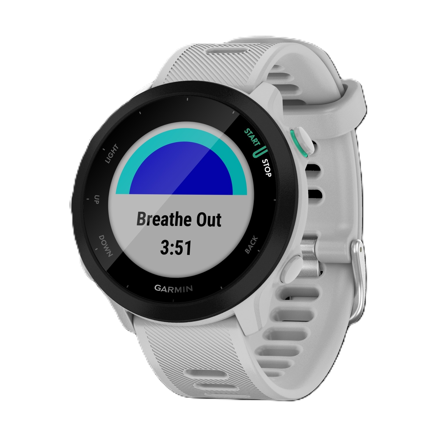 Smartwatch Garmin grigio mostra esercizio di respirazione con timer 3:51.