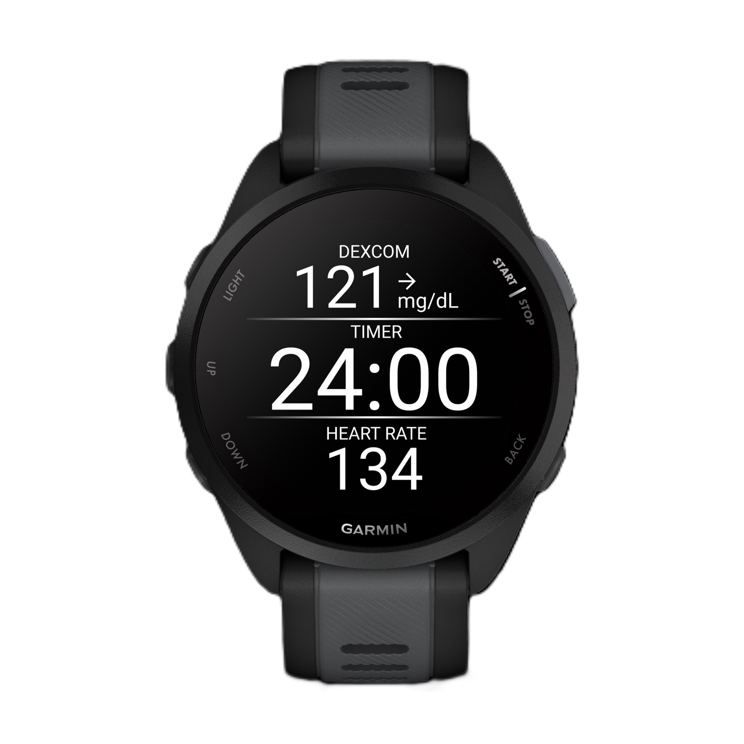 Uno smartwatch nero mostra 121 mg/dL di glucosio, timer 24:00 e 134 battiti cardiaci.