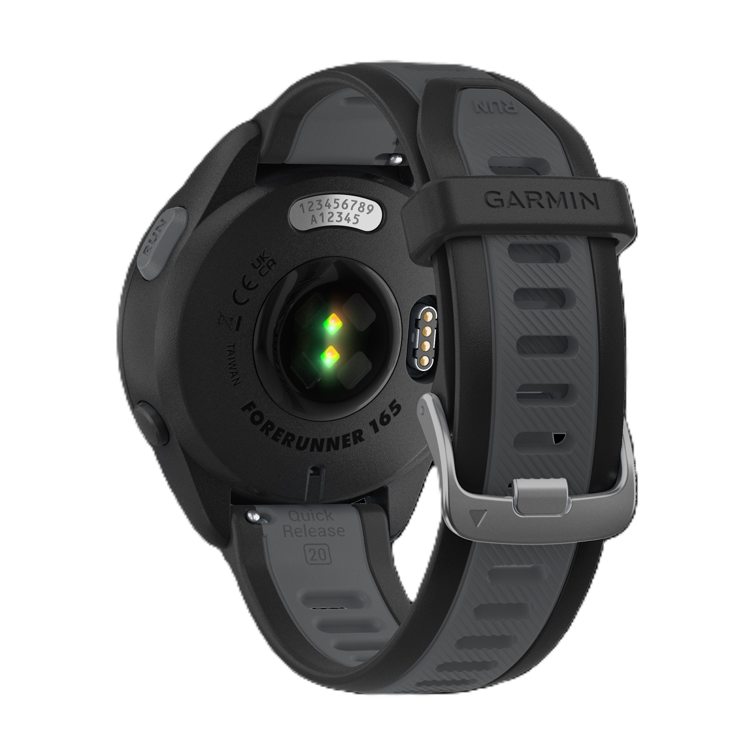 Retro smartwatch Garmin Forerunner 165 con sensori battito cardiaco e cinturino scuro.