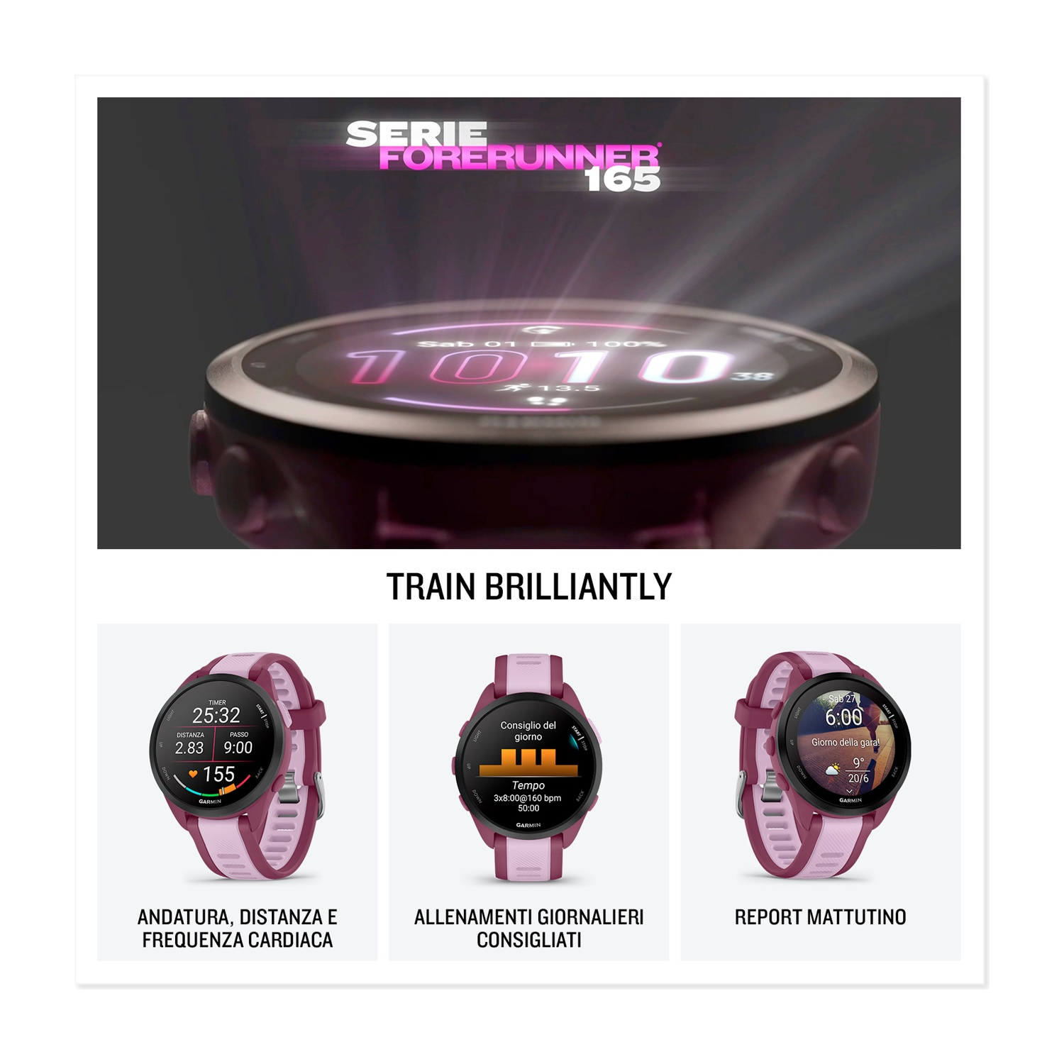 Un display di smartwatch Garmin Forerunner 165 viola mostra dati di allenamento.