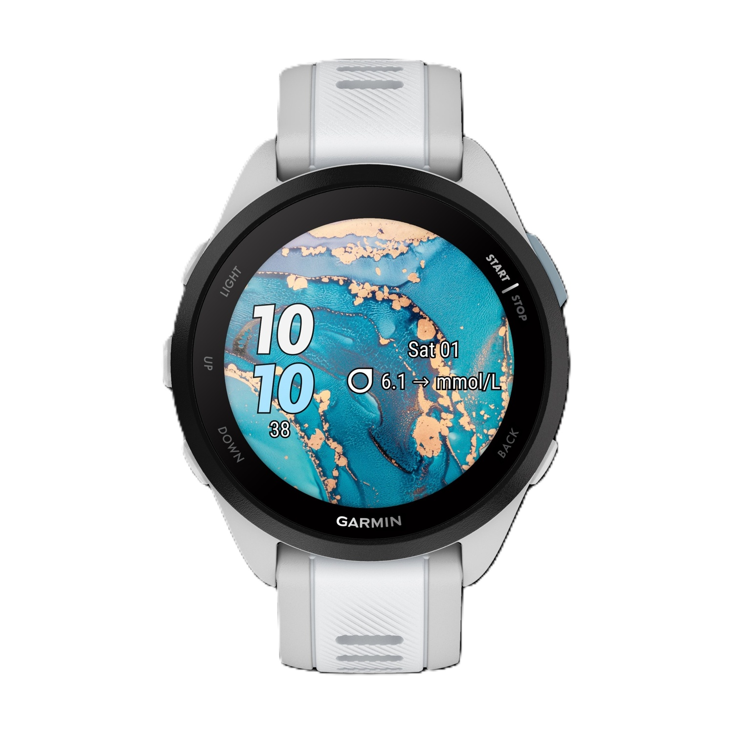 Orologio smart bianco con quadrante nero che mostra uno sfondo astratto blu e oro.