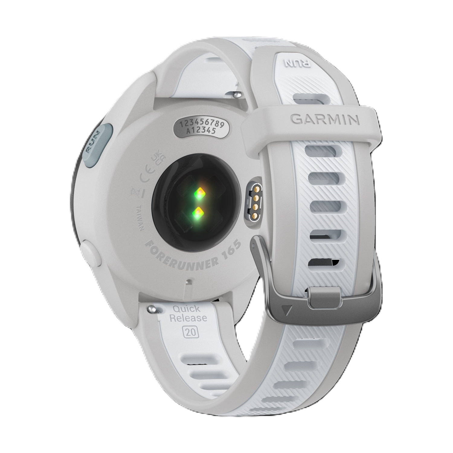 Uno smartwatch Garmin Forerunner 165 bianco con sensore di frequenza cardiaca e cinturino a sgancio rapido.