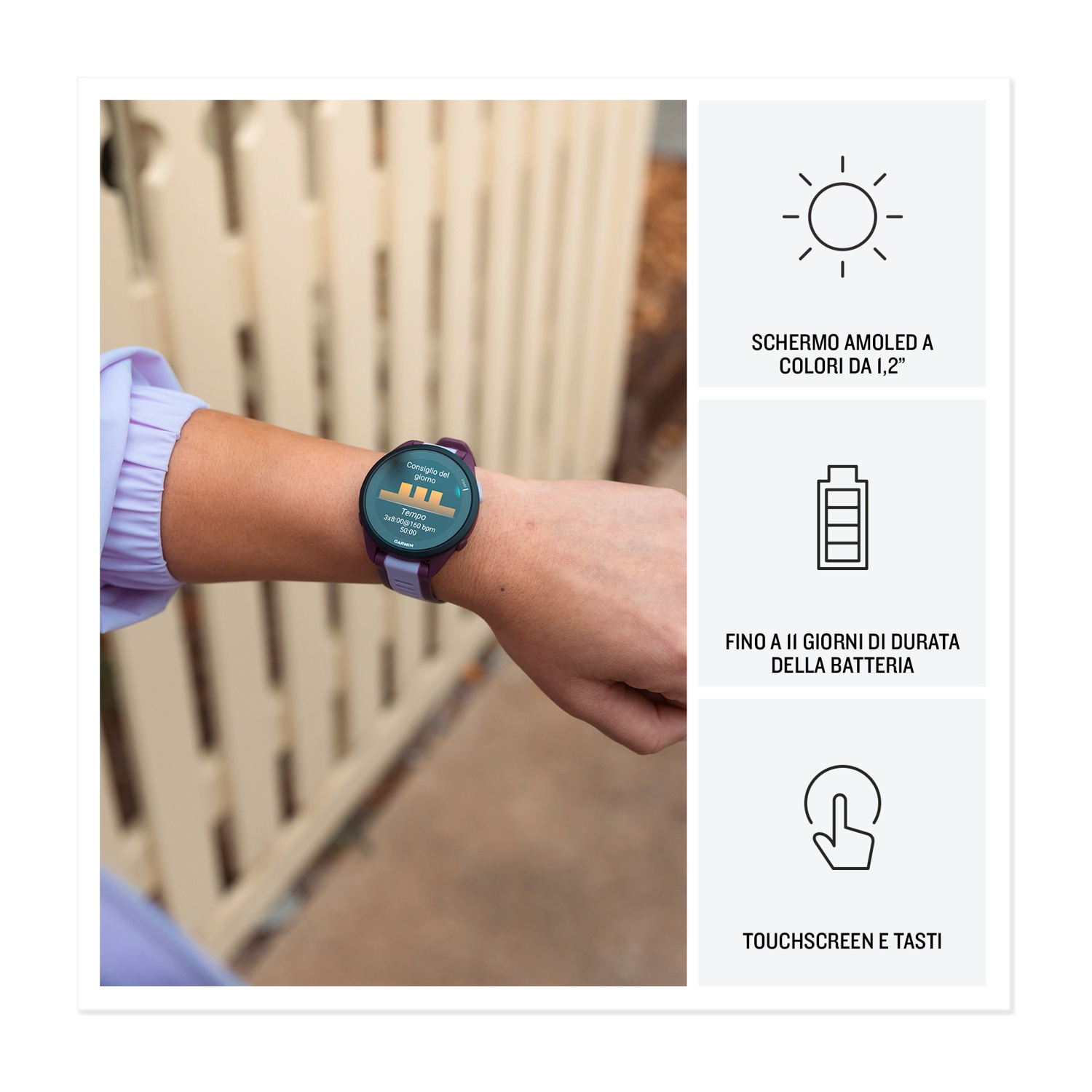 Persona che indossa orologio con display a colori, grafica di recinzione.