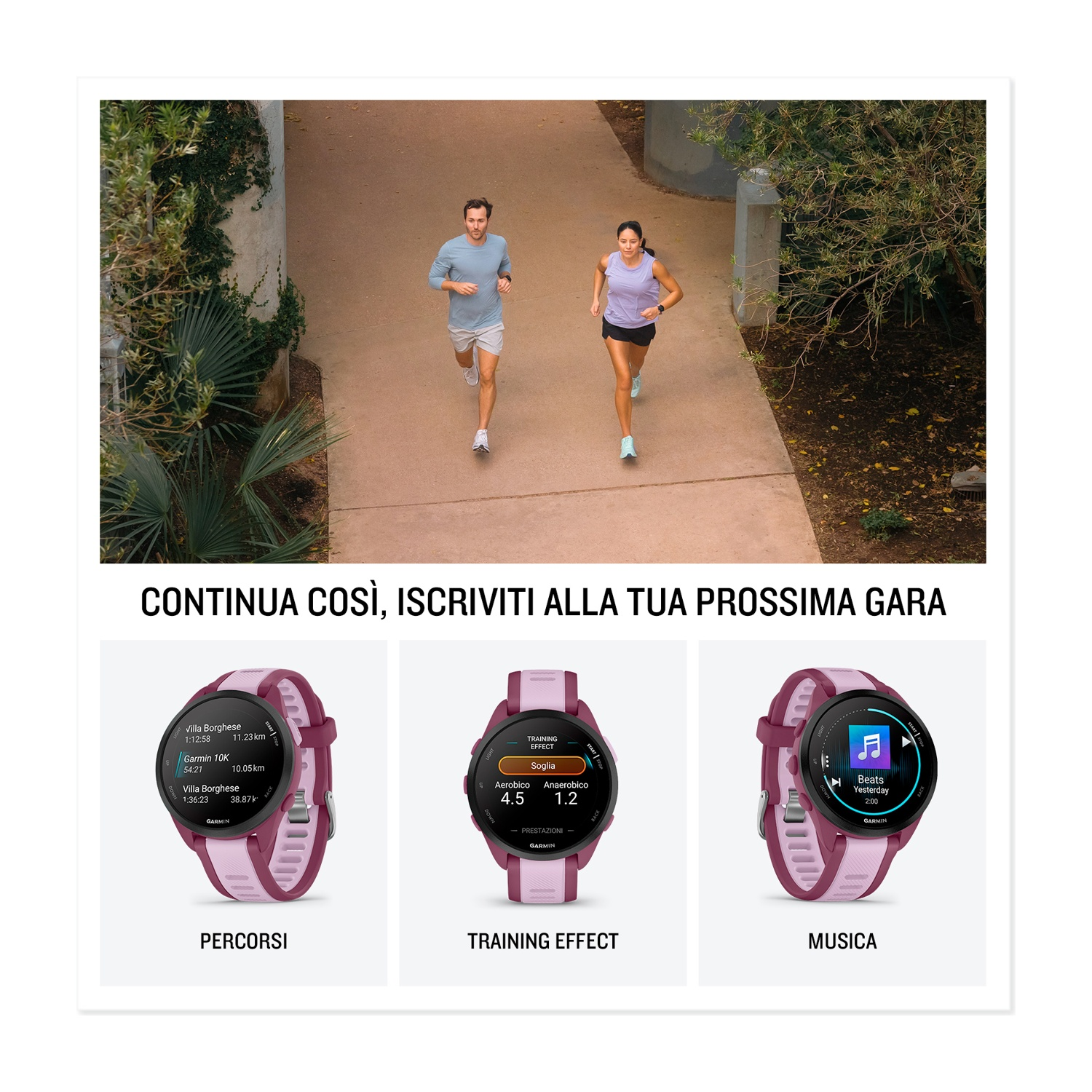Un uomo e una donna corrono su un sentiero. Tre orologi sono mostrati sotto.