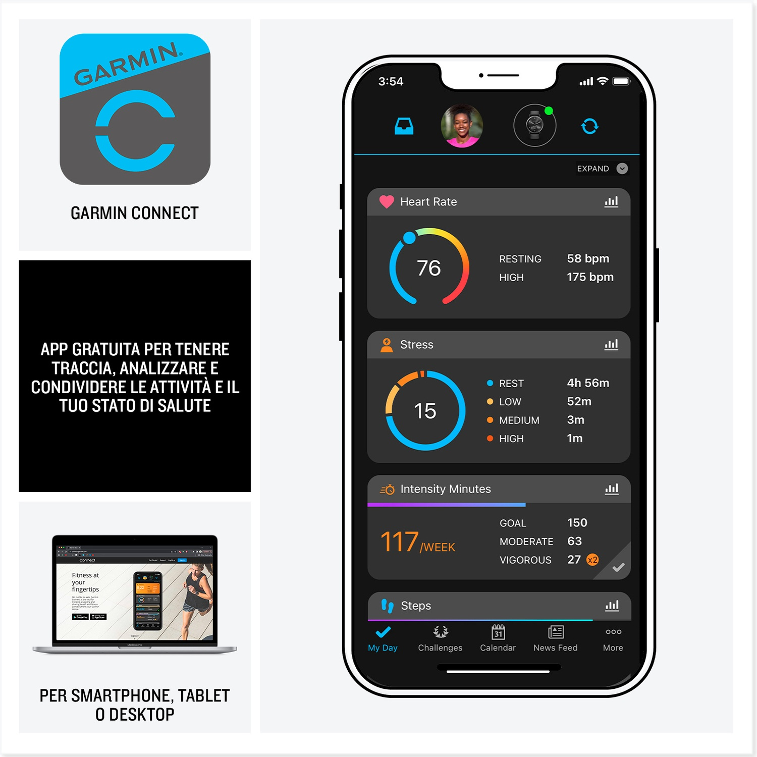 L'app Garmin Connect mostra battito cardiaco, stress, minuti di intensità e passi.