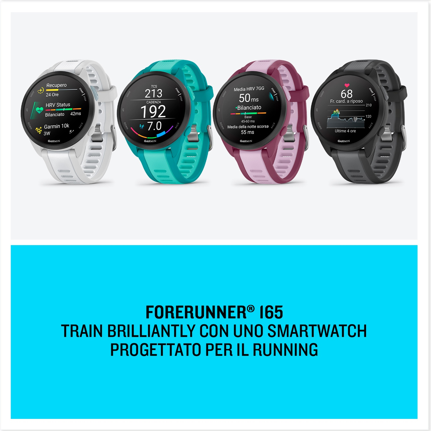 Quattro smartwatch Garmin bianchi, turchesi, rosa e neri mostrano dati sanitari.