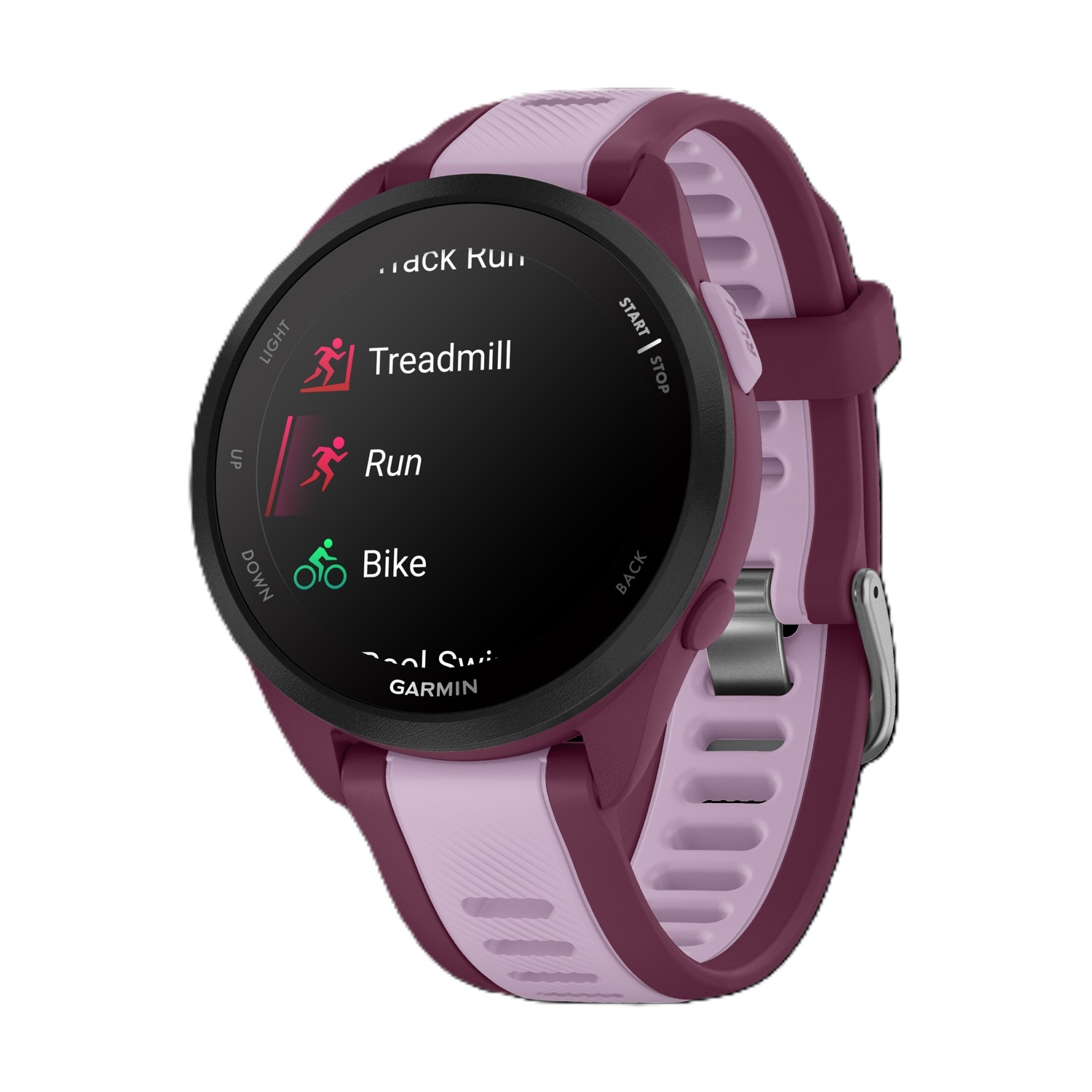 Uno smartwatch Garmin viola e rosa con opzioni per tapis roulant, corsa e bici.