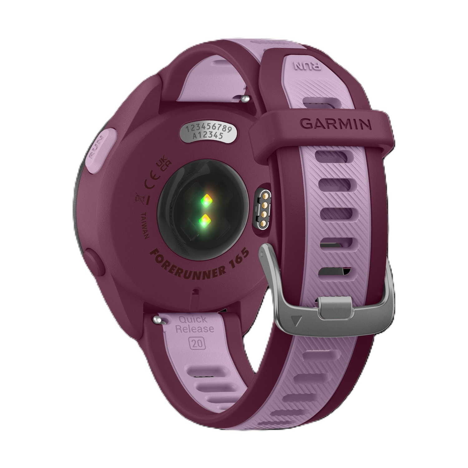 Vista posteriore di uno smartwatch Garmin Forerunner 165 color vinaccia con cinturino viola.