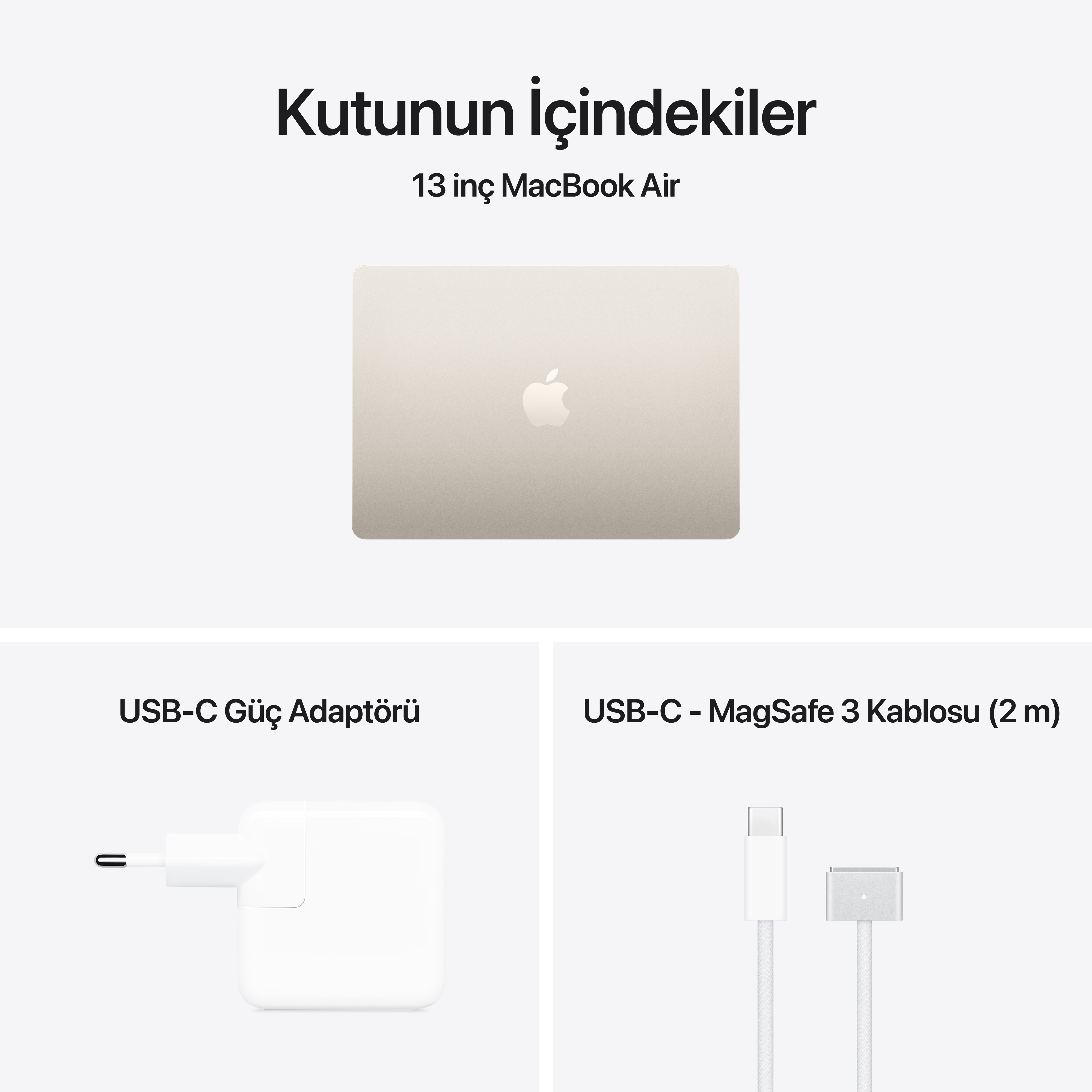 İçindekiler: 13" MacBook Air, USB-C Güç Adaptörü, MagSafe 3 Kablosu.