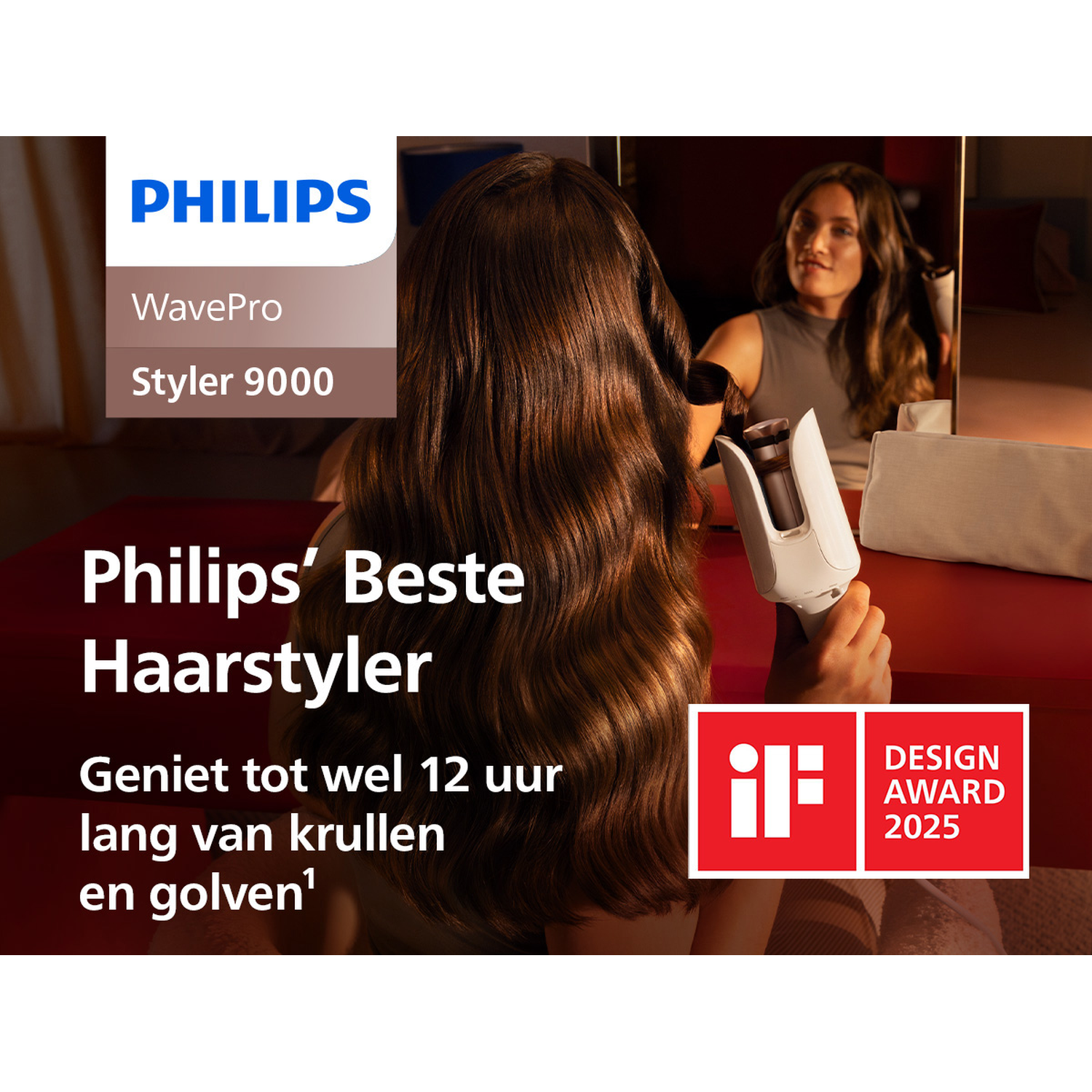 Philips WavePro Styler 9000 with iF Design Award 2025. Woman styling her hair.