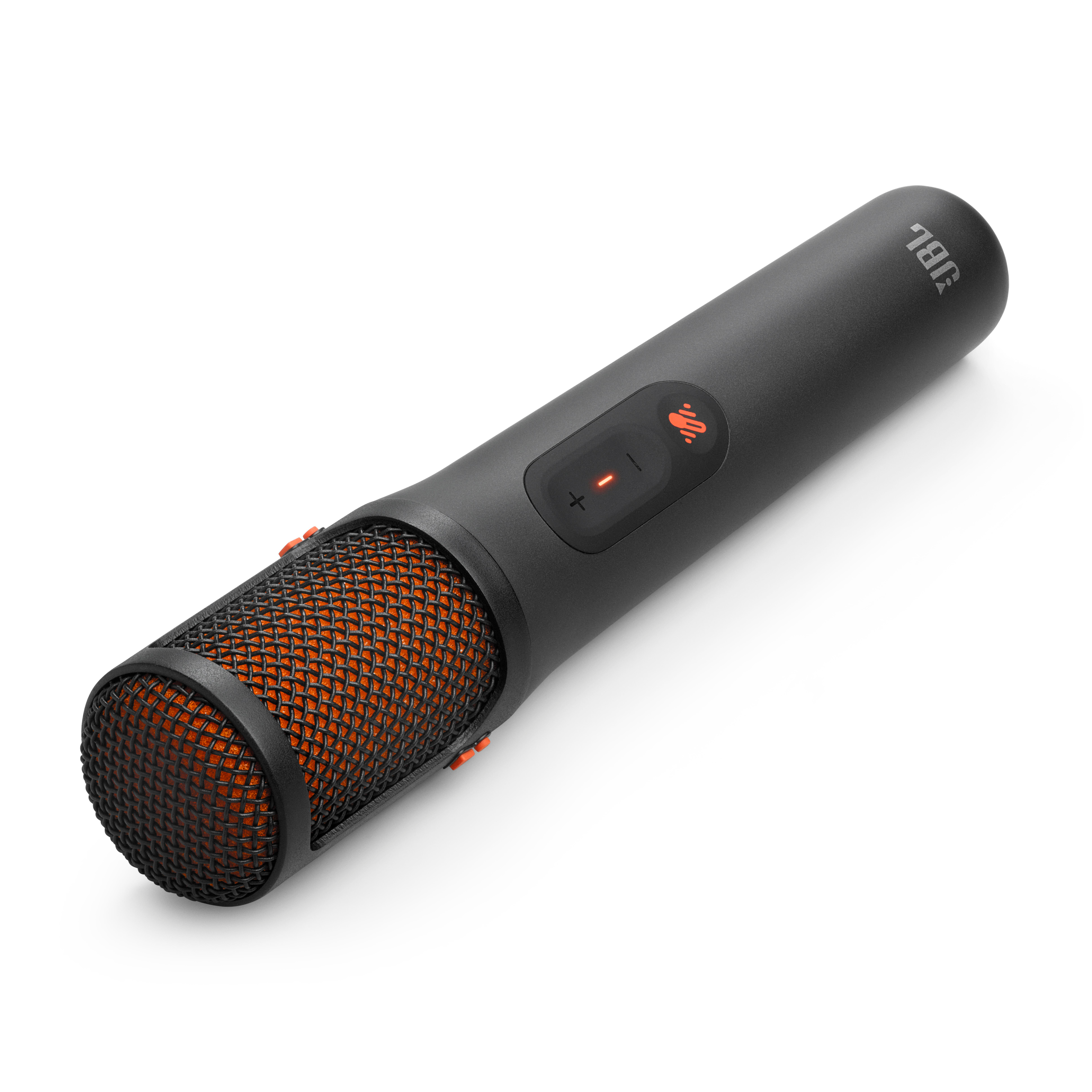 Ein schwarzes JBL-Mikrofon mit orangefarbenem Gitter und roten Bedienelementen.