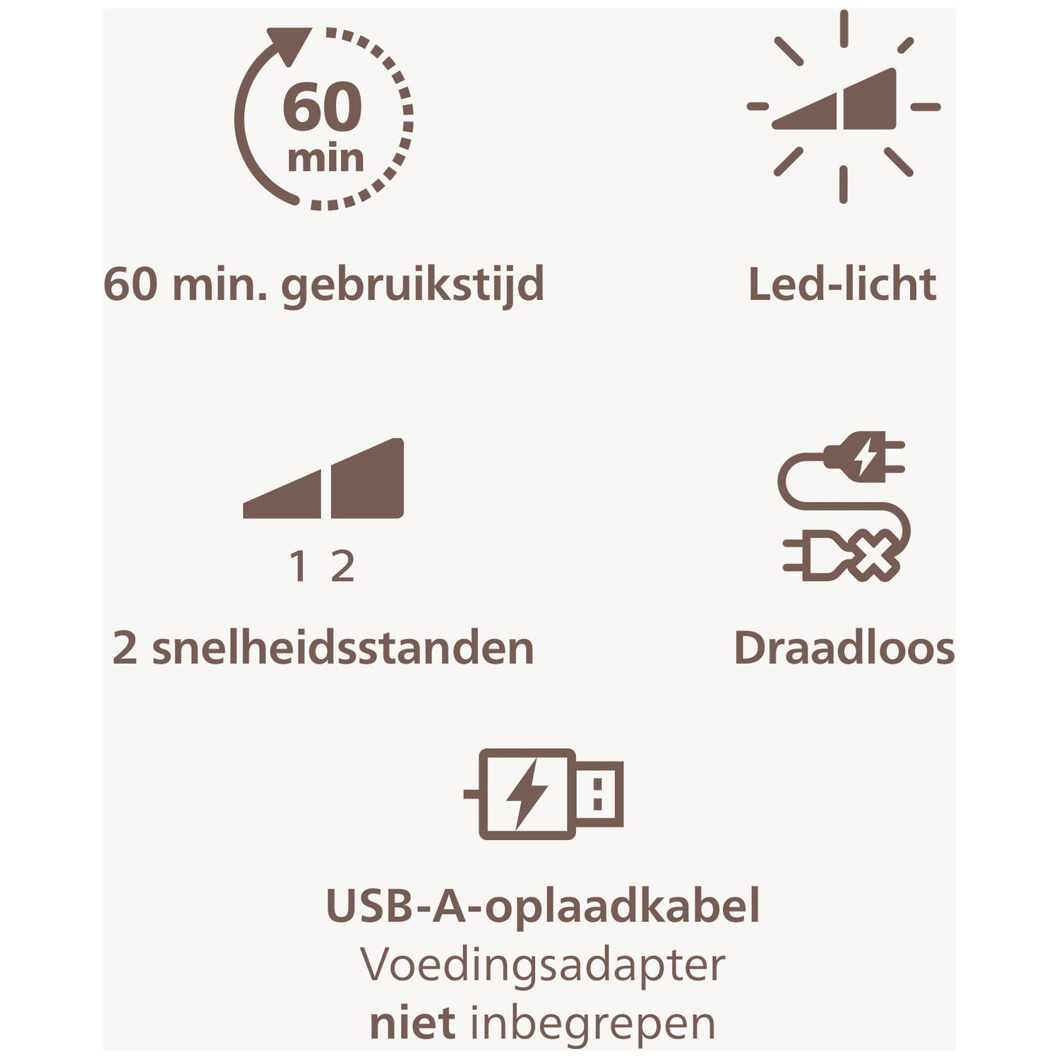 60 min runtime, LED light, 2 speeds, wireless, USB charging cable (adapter not incl.)