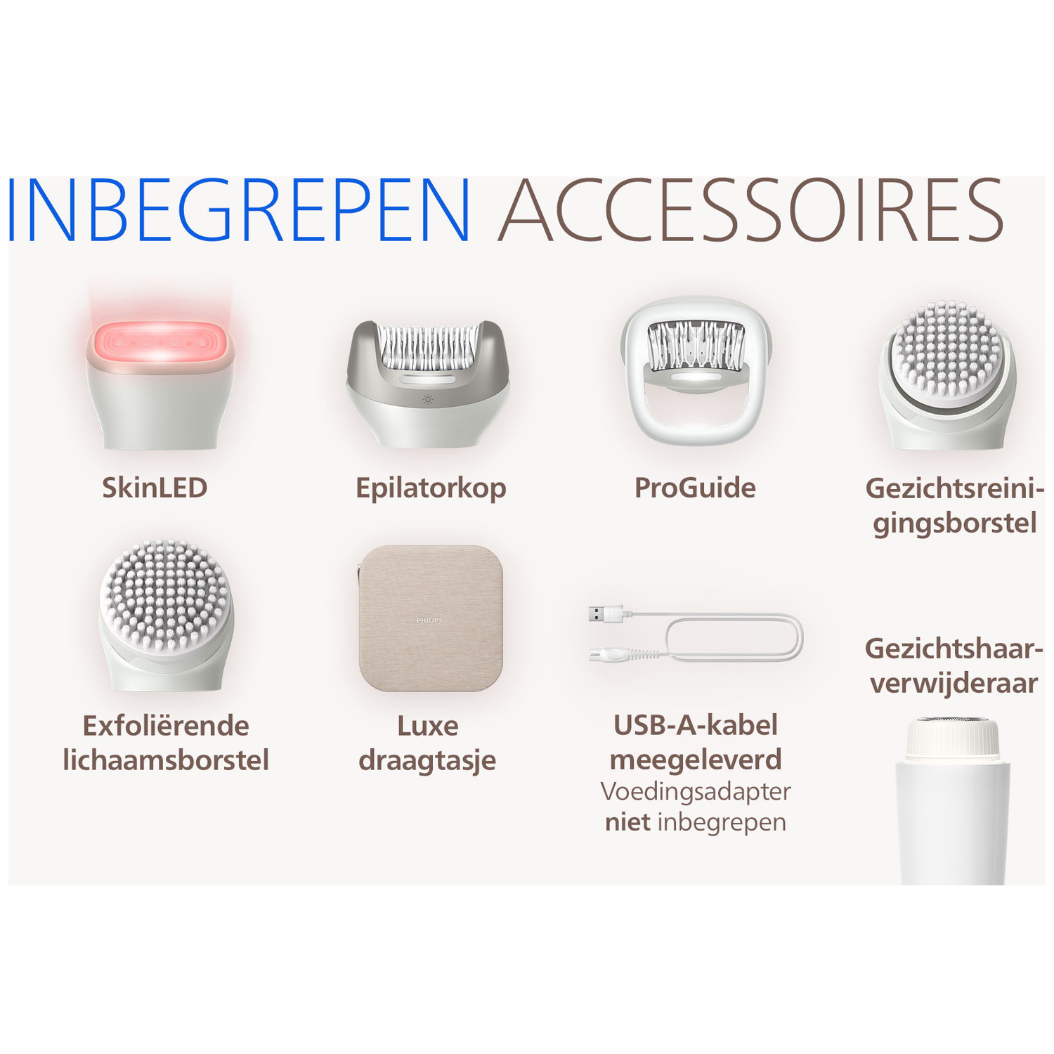 Philips accessories: SkinLED, epilator head, ProGuide, facial brush, body brush, case, cable.