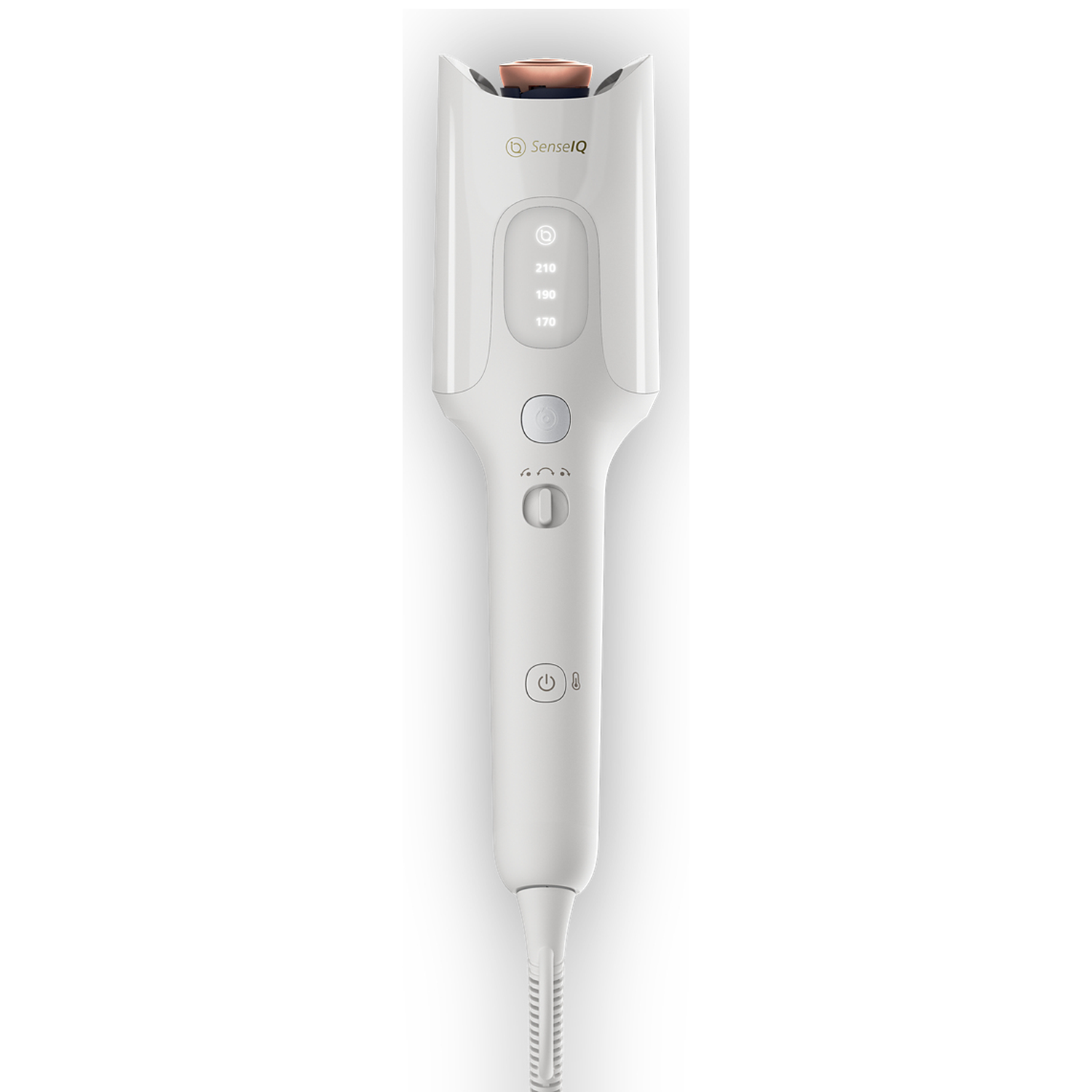 A white curling iron with a copper tip and temperature display.