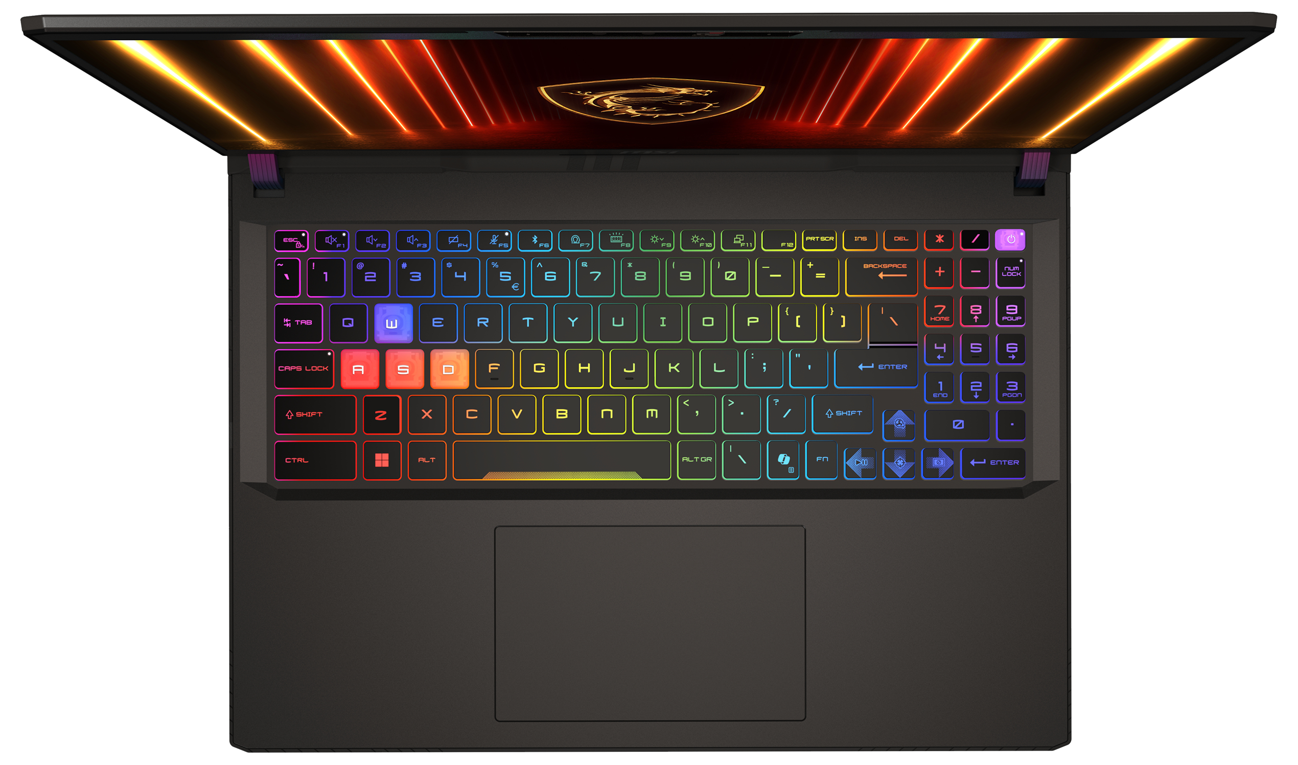 Ein geöffneter Laptop mit beleuchteter Tastatur und leuchtenden orangen Linien auf dem Bildschirm.