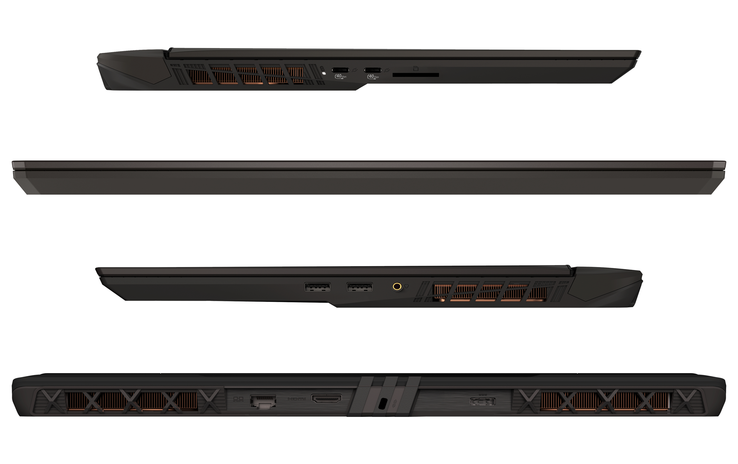 Seitenansichten eines schwarzen Laptops mit Lüftungsschlitzen und Anschlüssen.