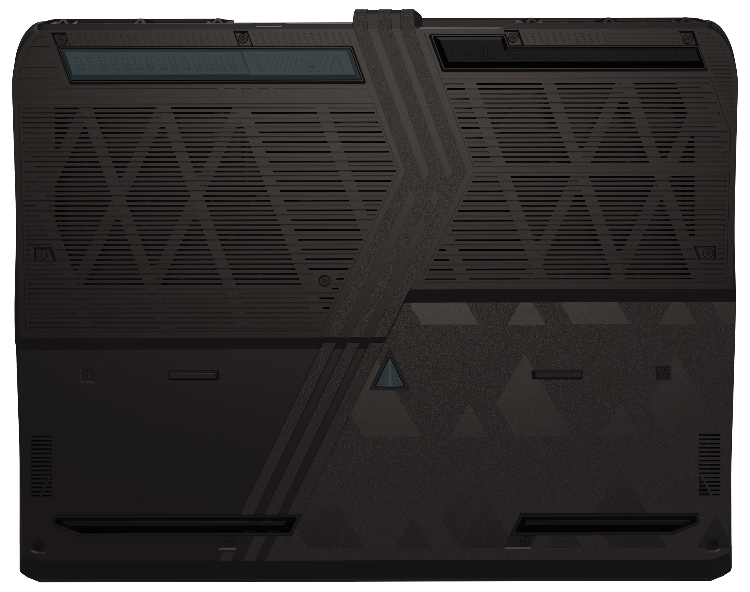 Schwarzer Laptopboden mit Lüftungsschlitzen, geometrischen Mustern und MSI-Logo.