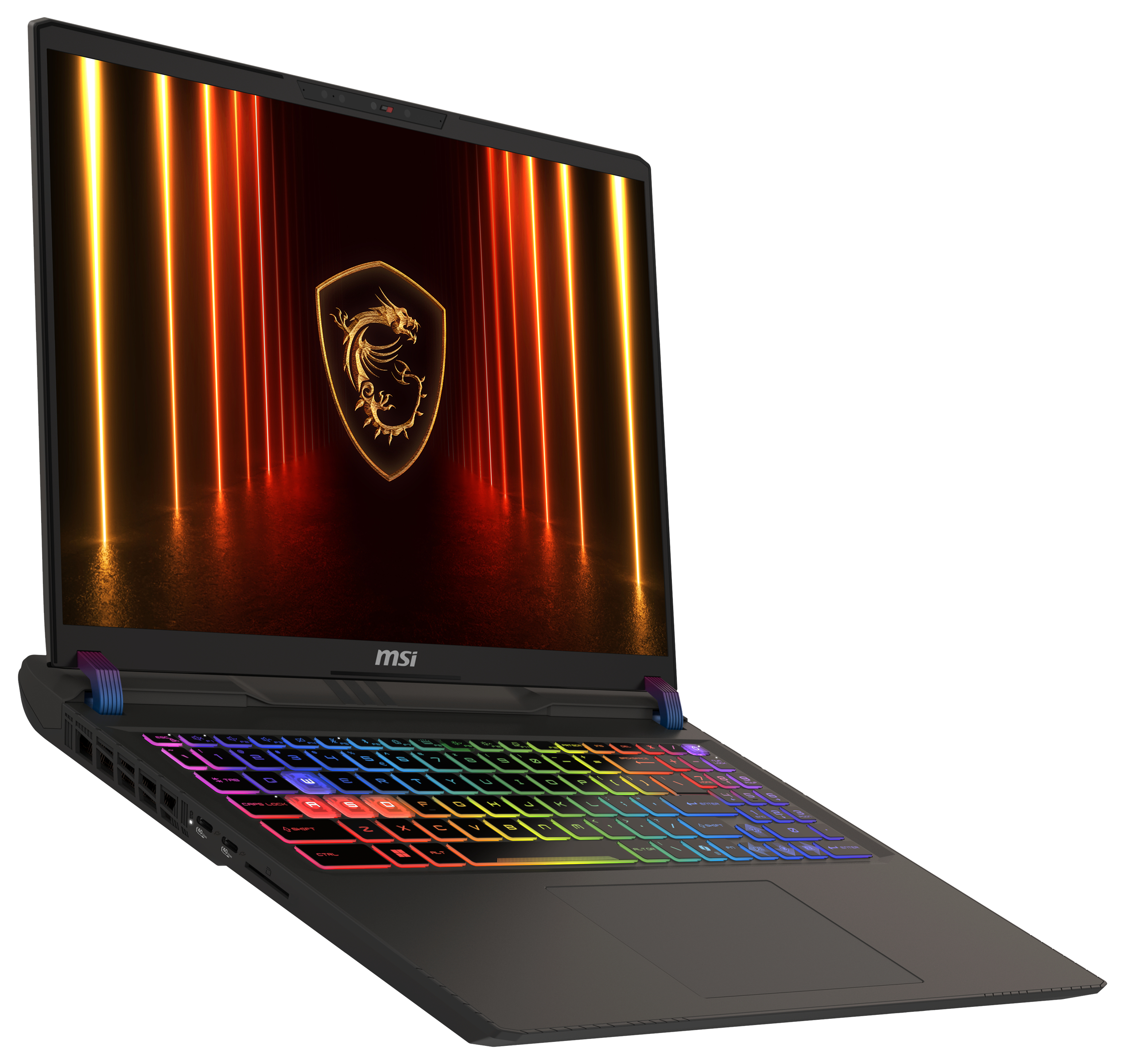 Ein schwarzer MSI Gaming-Laptop mit beleuchteter Tastatur und Drachenlogo auf dem Bildschirm.