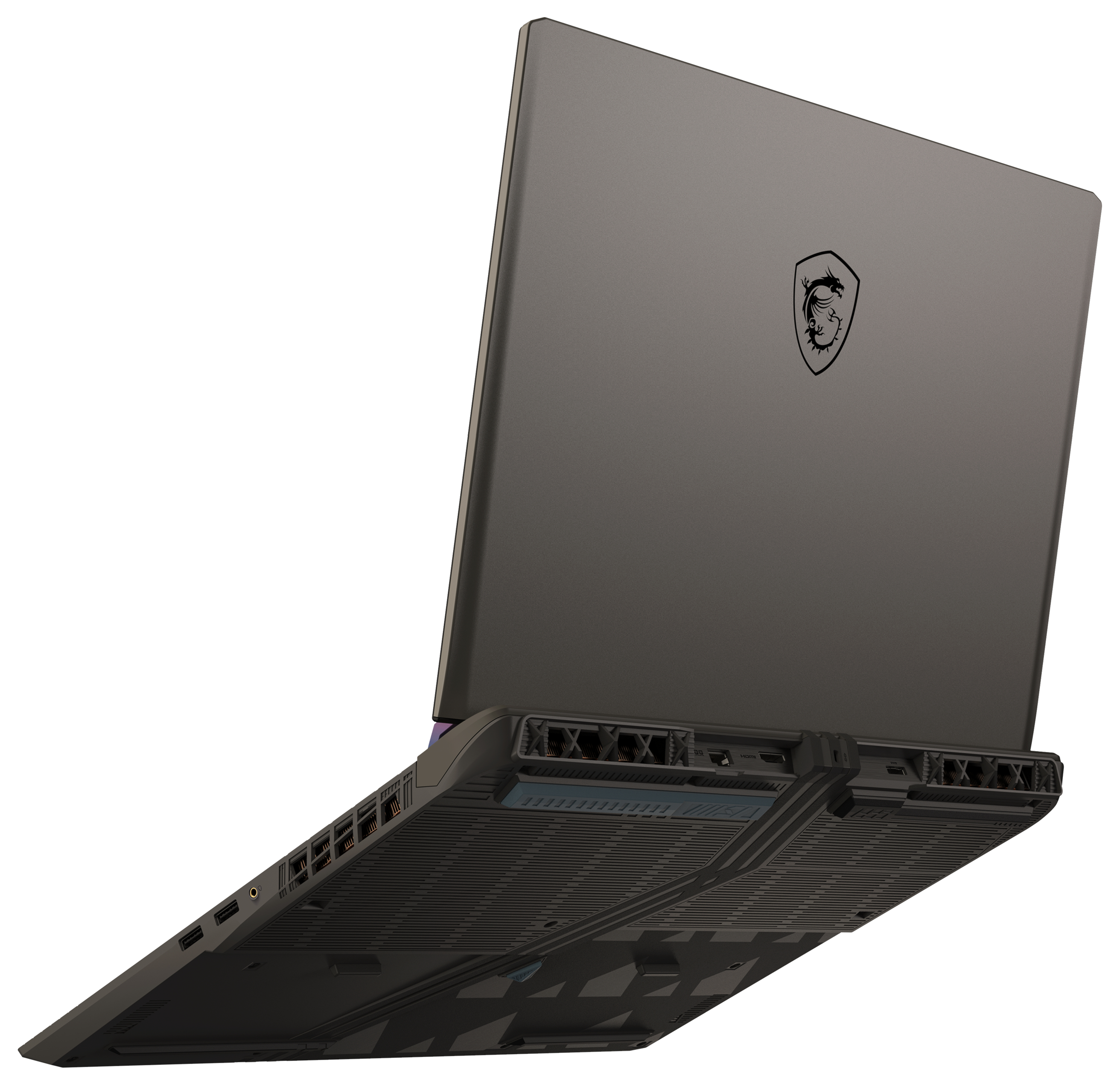 Ein graues MSI-Gaming-Laptop mit geöffnetem Deckel und Lüftungsschlitzen.