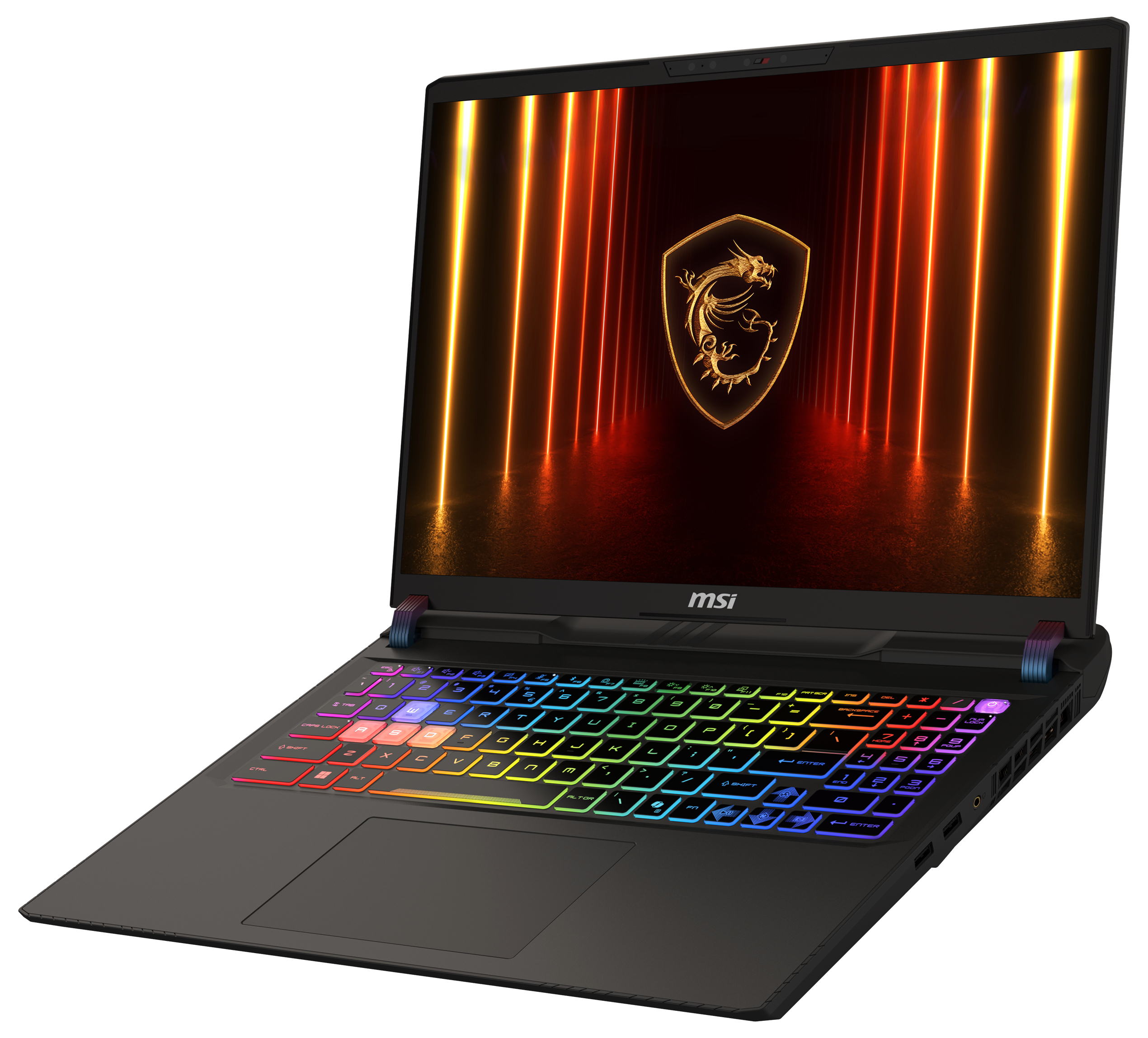 Ein schwarzer Laptop mit beleuchteter Tastatur und MSI-Logo.