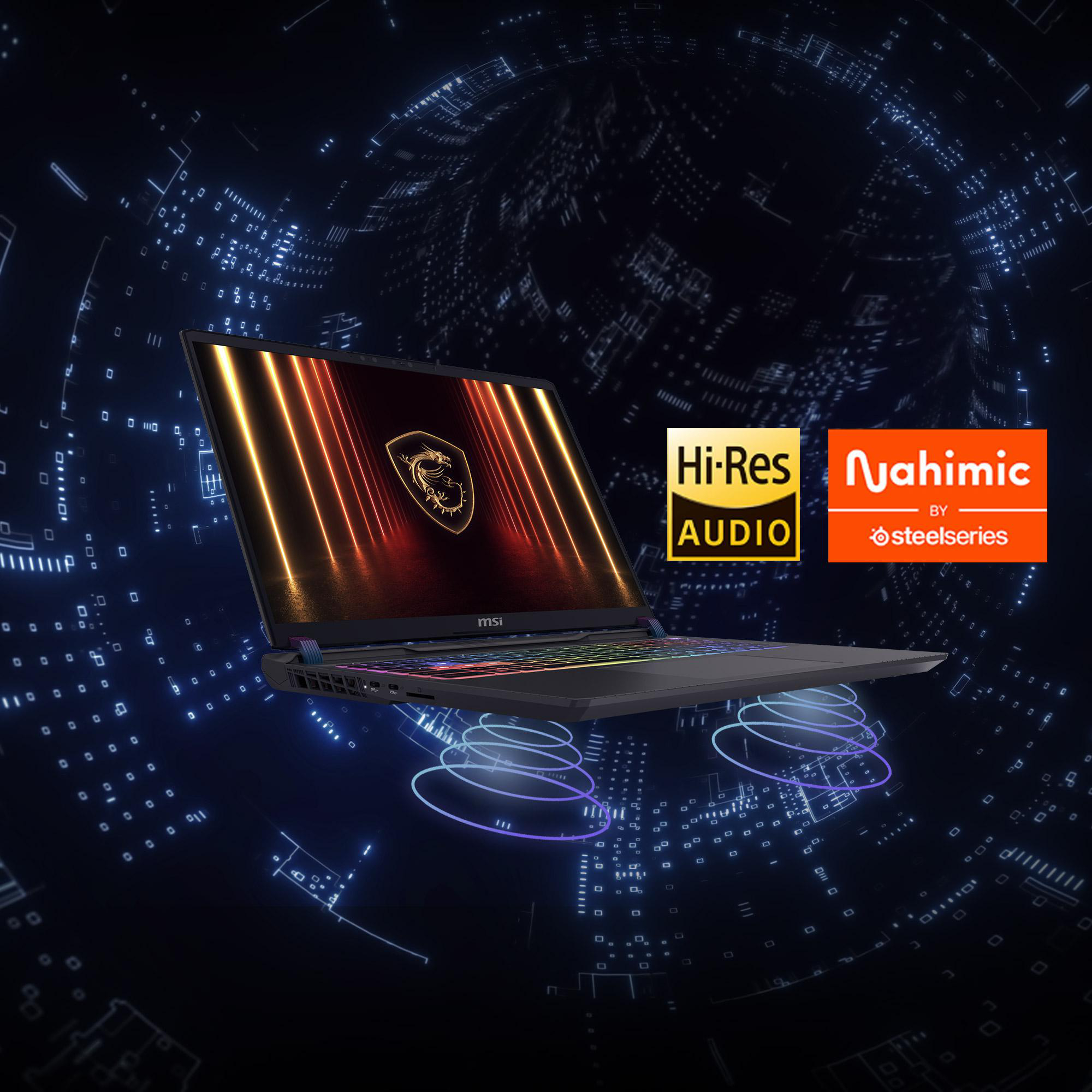 Ein schwarzer MSI-Laptop mit beleuchteter Tastatur auf digitalem Hintergrund.