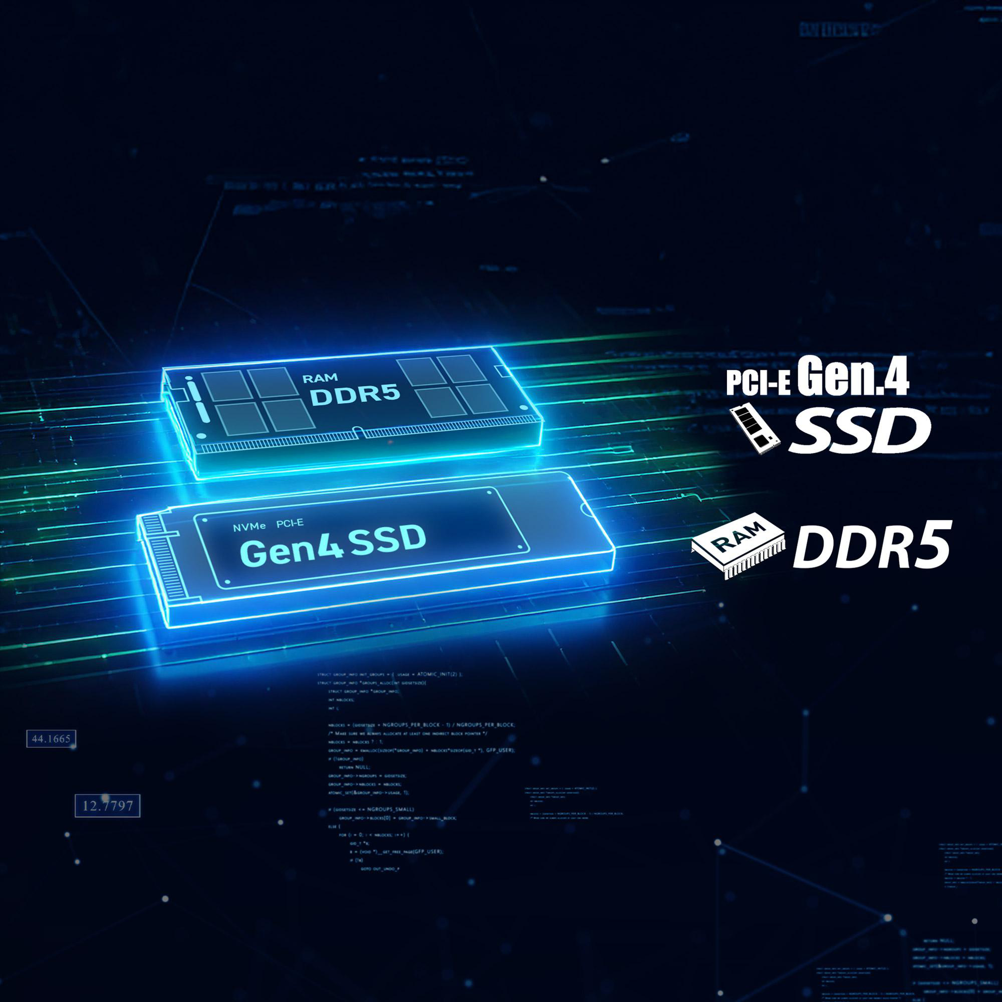 Ein DDR5 RAM-Modul und eine Gen4 SSD auf dunklem Hintergrund mit Code-Fragmenten.
