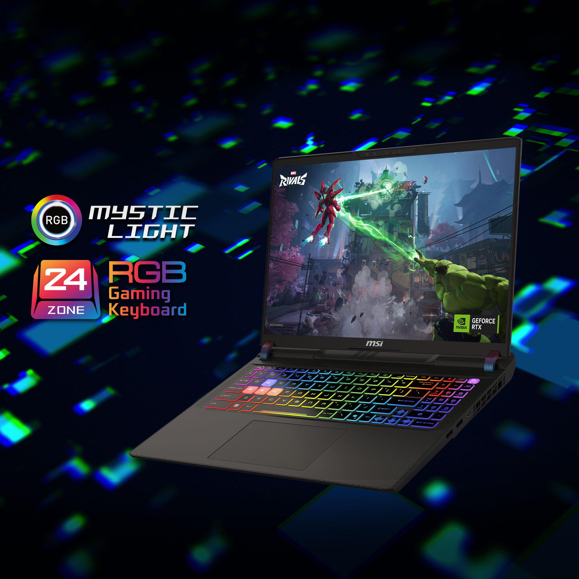 Ein MSI Gaming-Laptop mit RGB-Tastatur und einem Spiel auf dem Bildschirm.