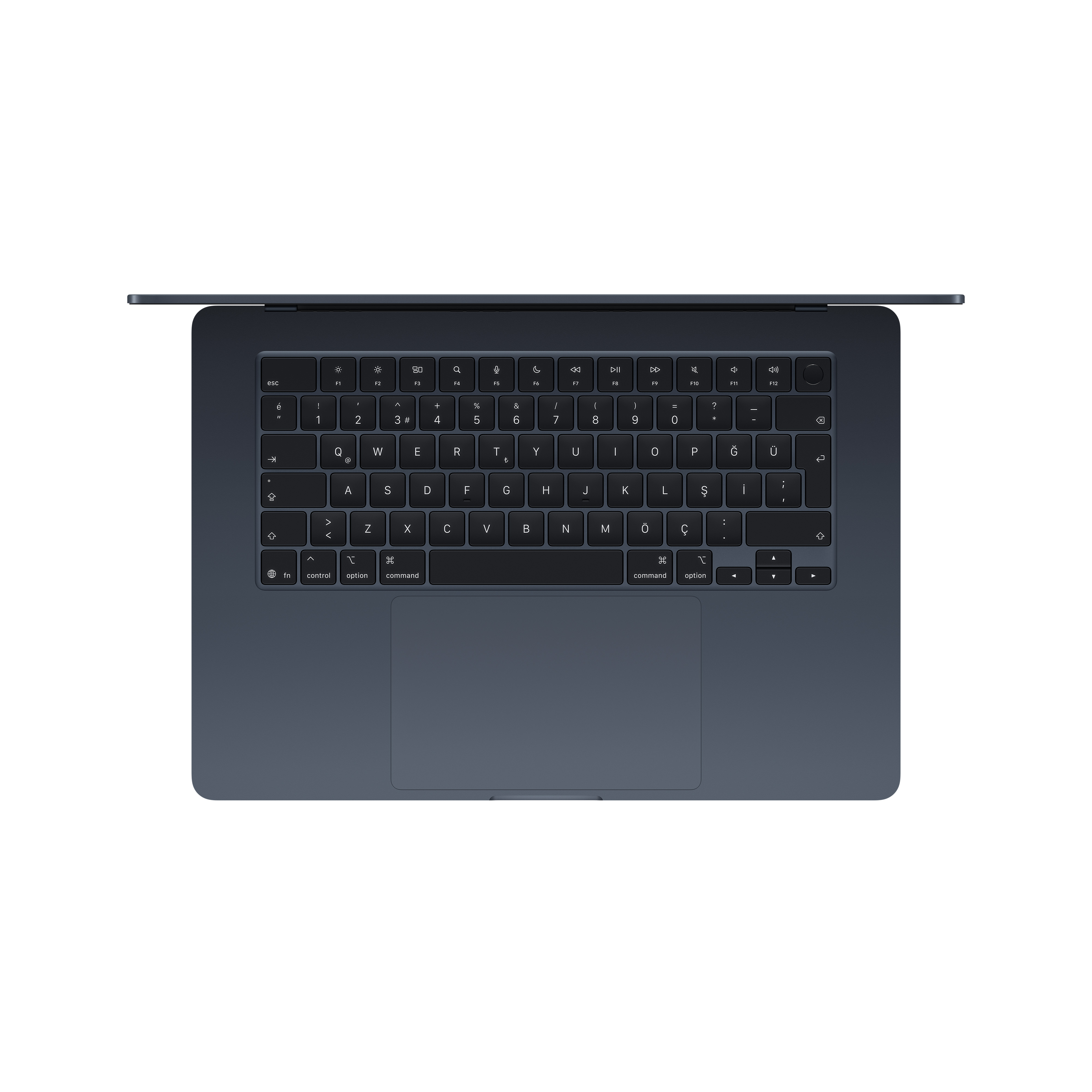 Koyu mavi dizüstü bilgisayar üstten görünüm, klavye ve trackpad görünüyor.