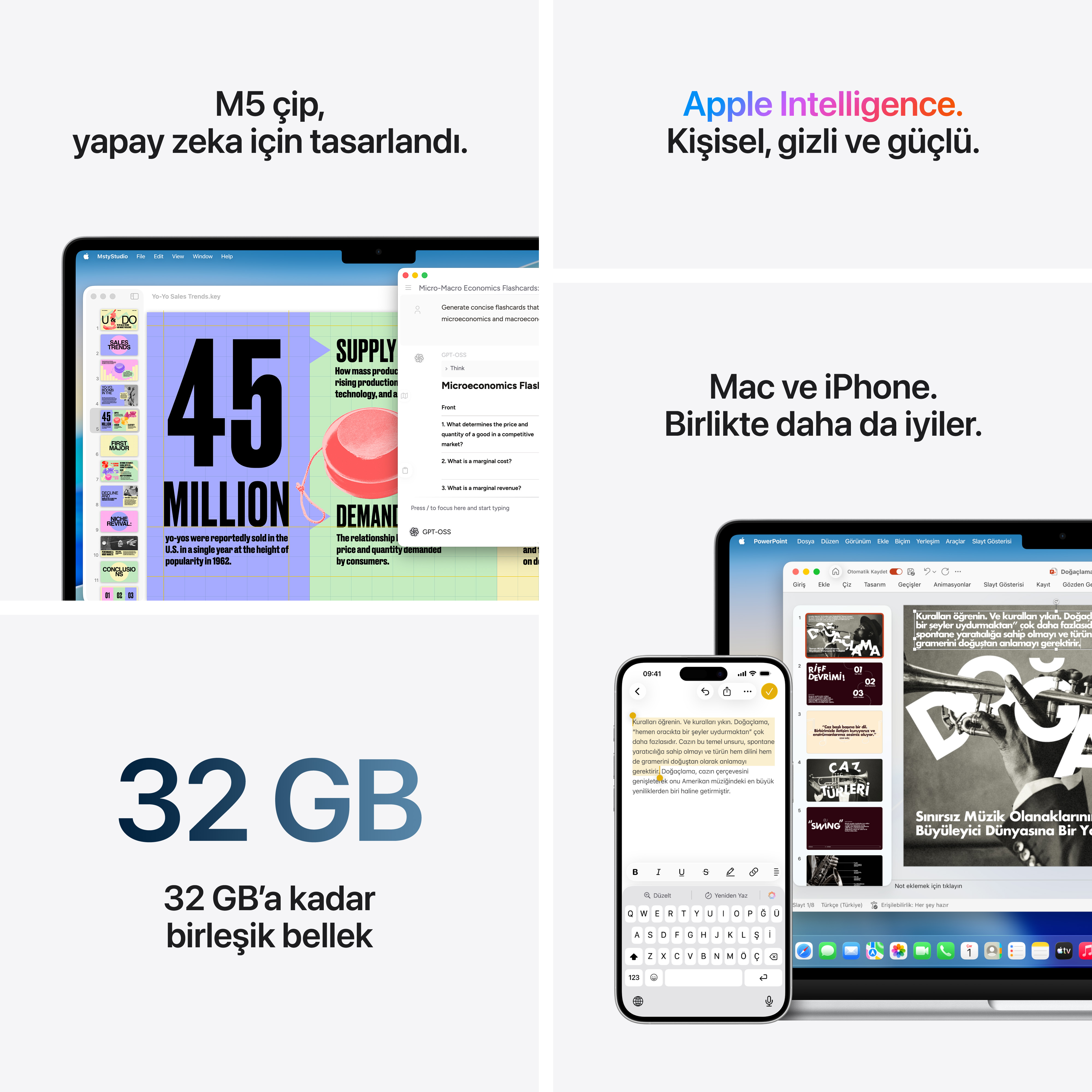 Yapay zeka için M5 çip, Mac & iPhone. 32 GB bellek. Apple Intelligence.