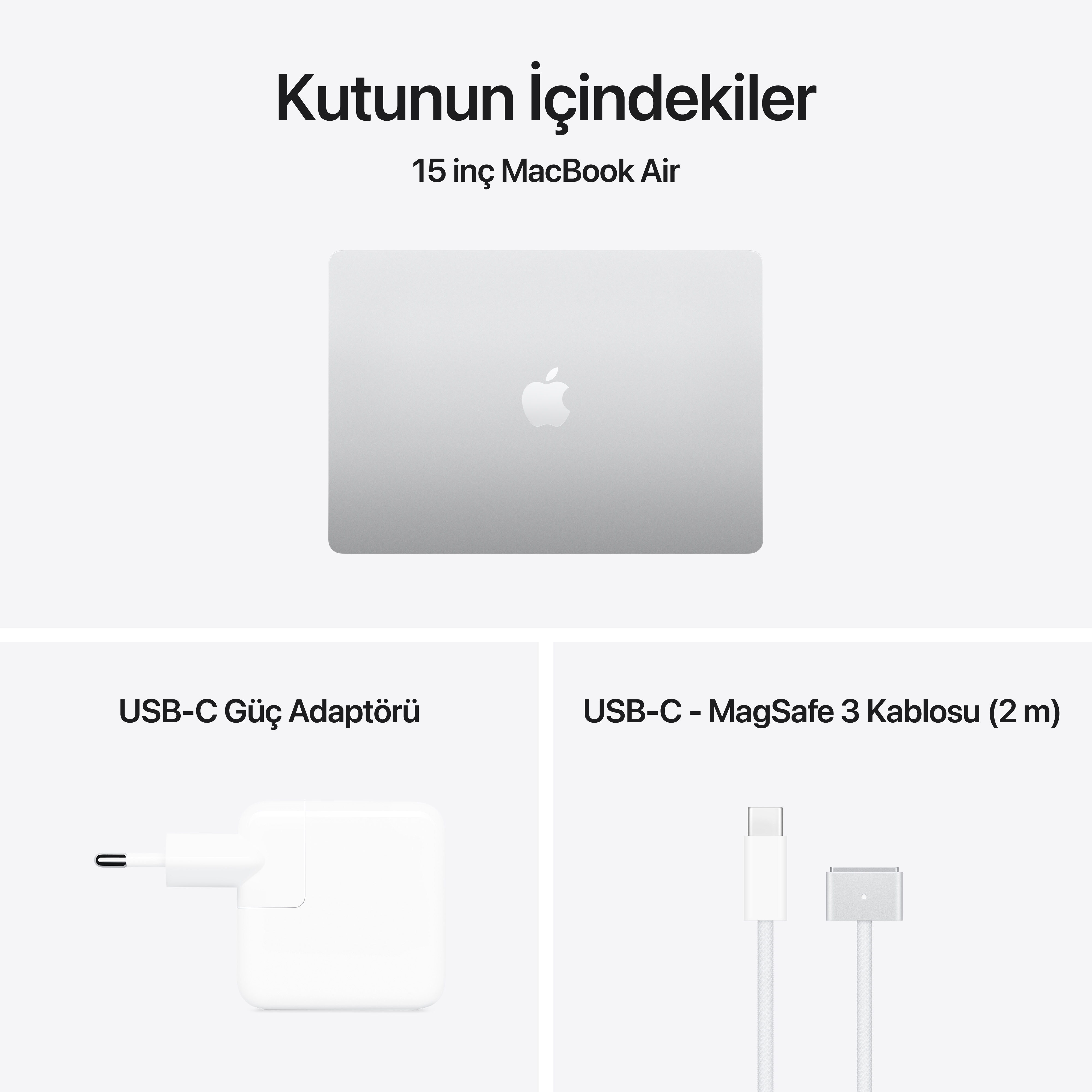 Bir MacBook Air, beyaz bir USB-C adaptörü ve beyaz bir MagSafe kablosu.