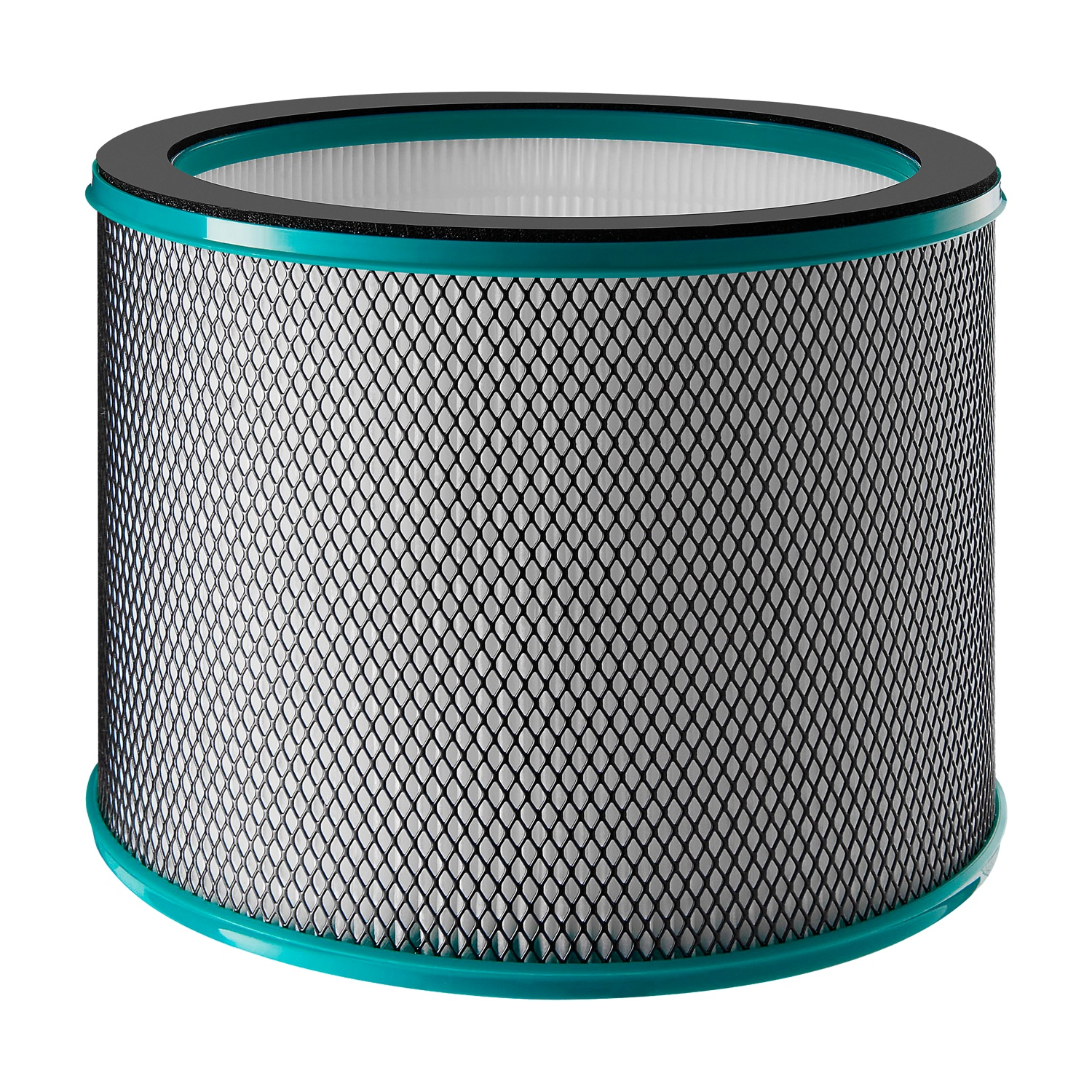 Un filtro aria cilindrico con rete nera, anelli color teal sopra e sotto.