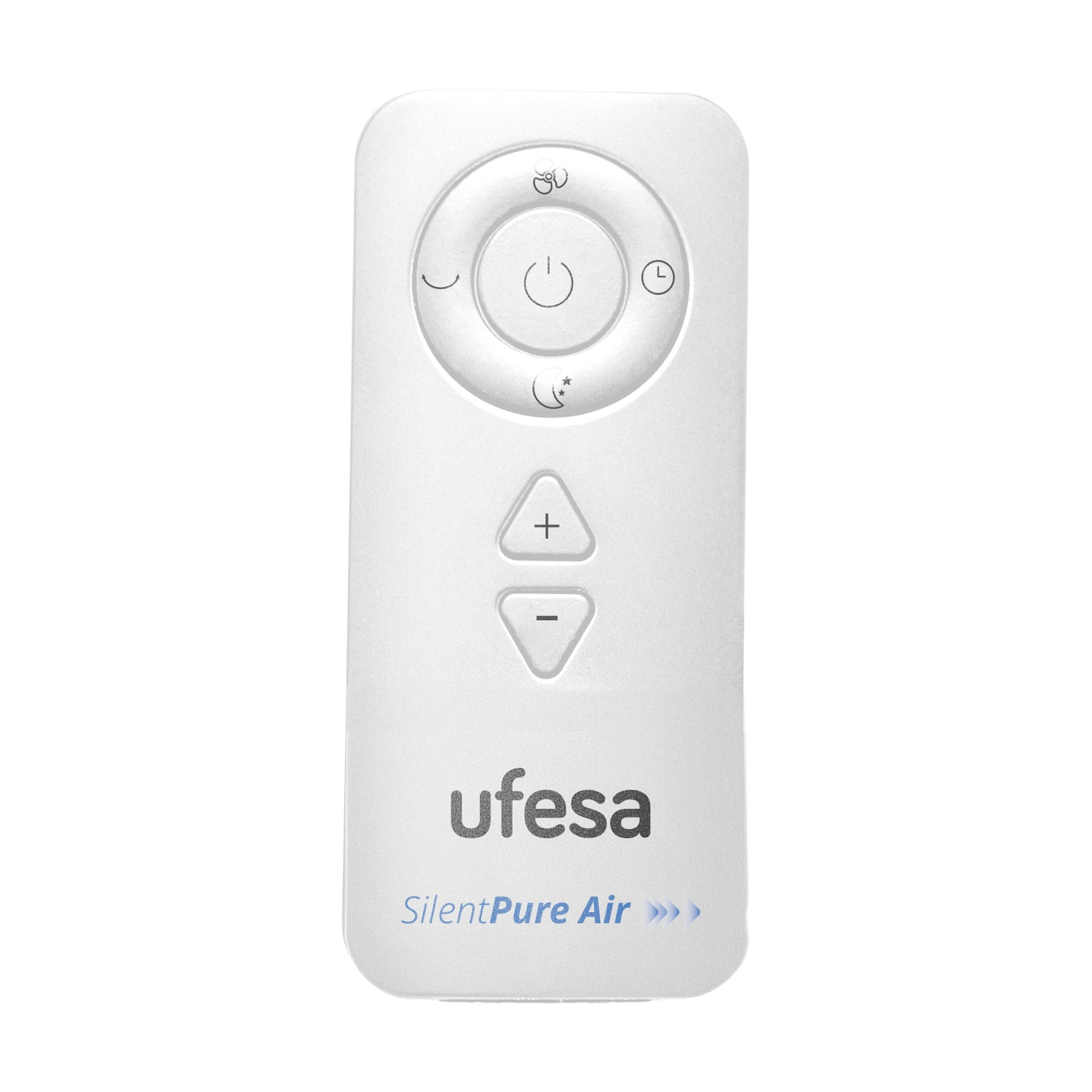 Un telecomando Ufesa bianco con pulsanti di accensione e timer.