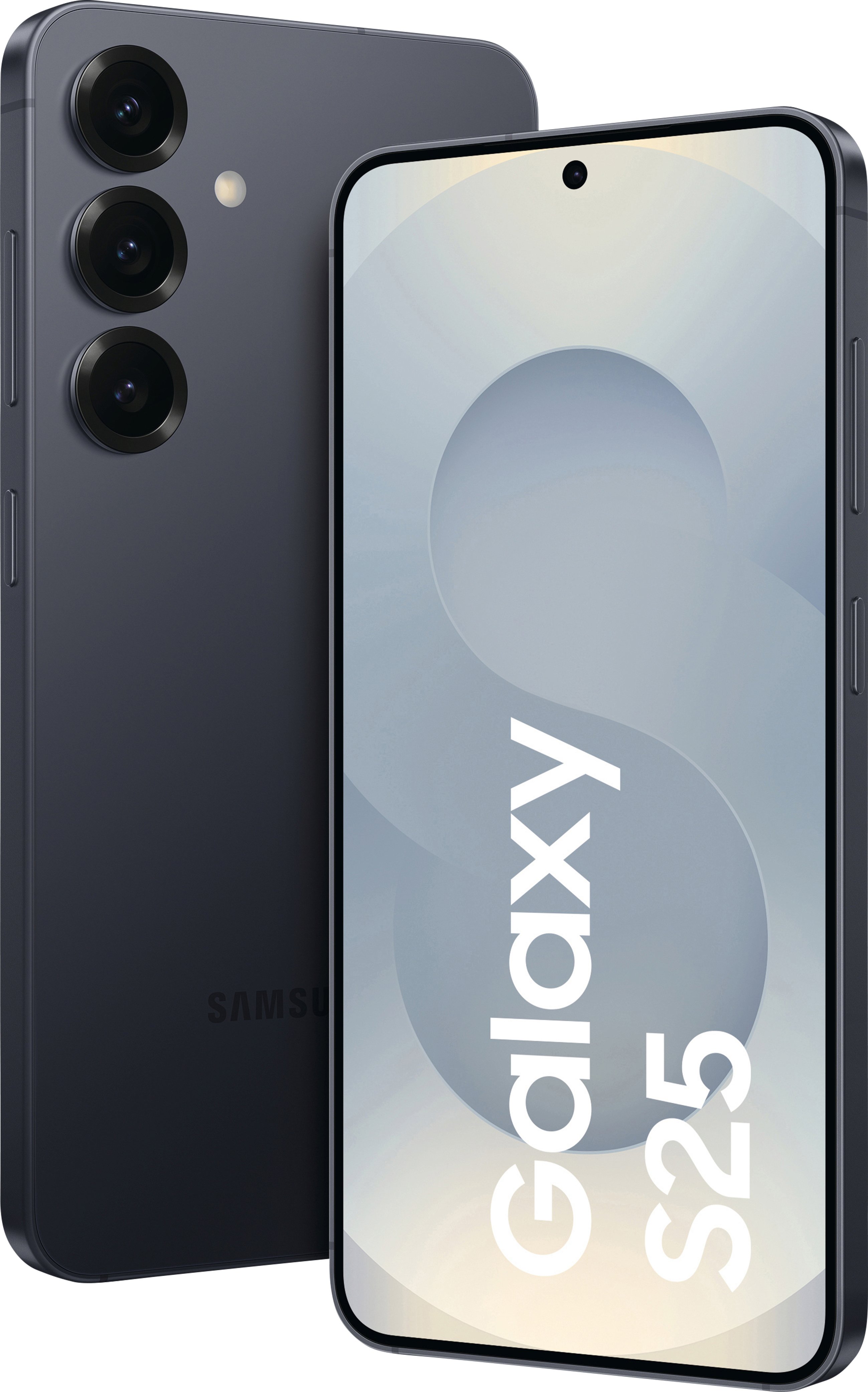Ein dunkles Samsung Galaxy S25 Smartphone, Rückseite mit drei Kameras, Vorderseite mit Logo.