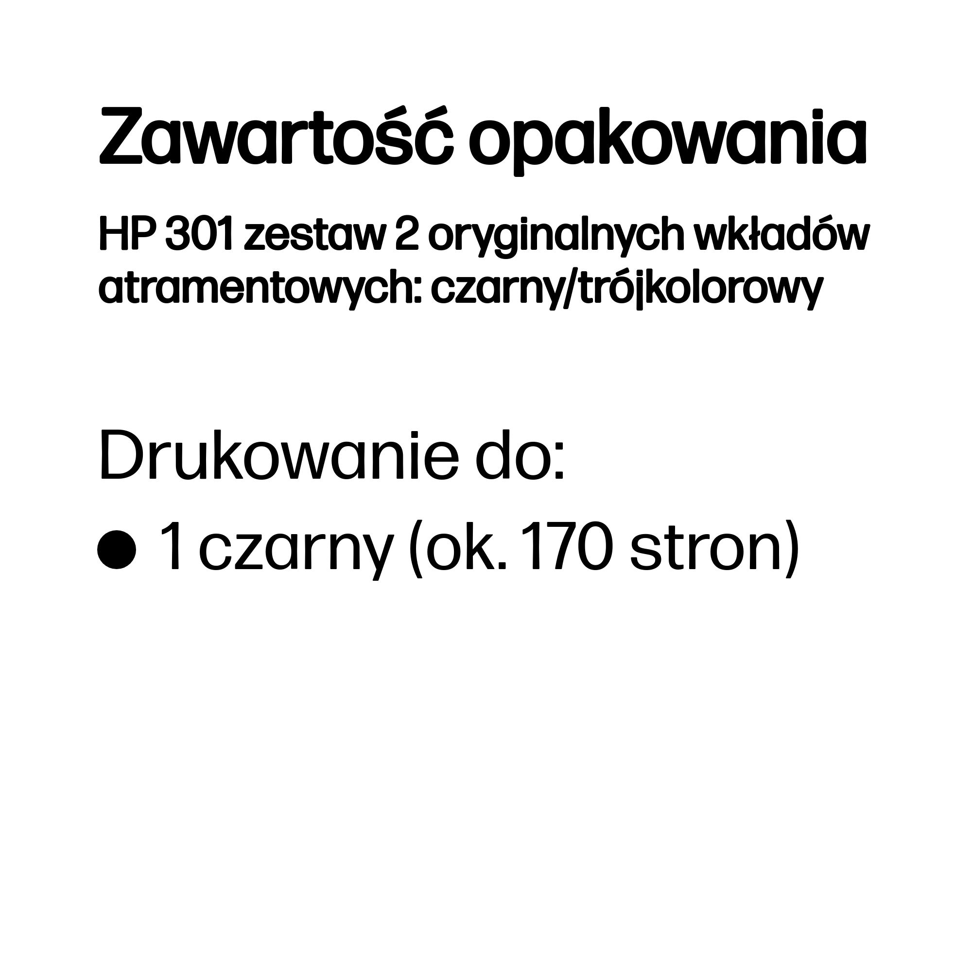 Zawartość opakowania: HP 301 zestaw 2 wkładów: czarny/trójkolorowy.