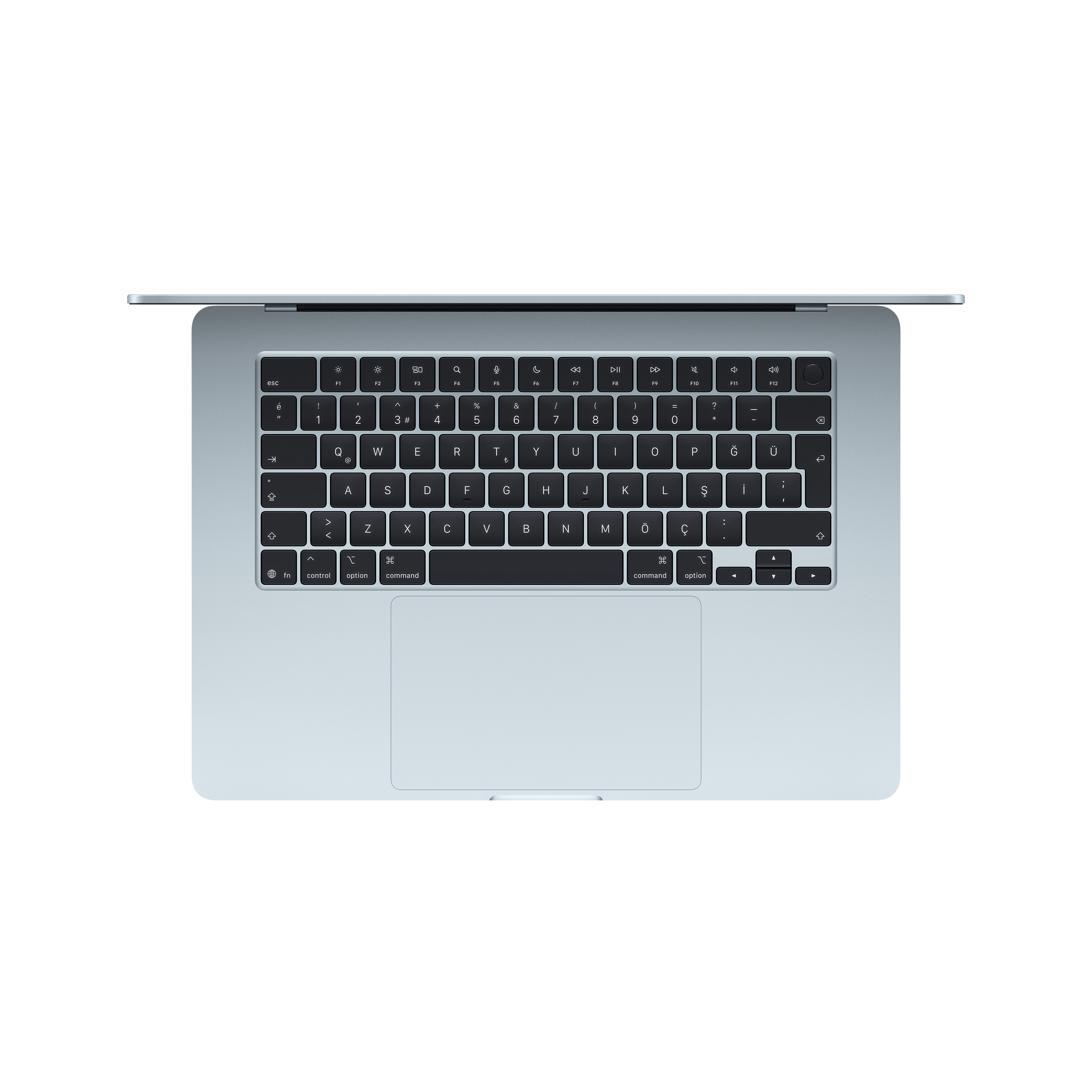 Gümüş üst, klavye ve trackpad'e sahip açık, açık mavi bir dizüstü bilgisayar.